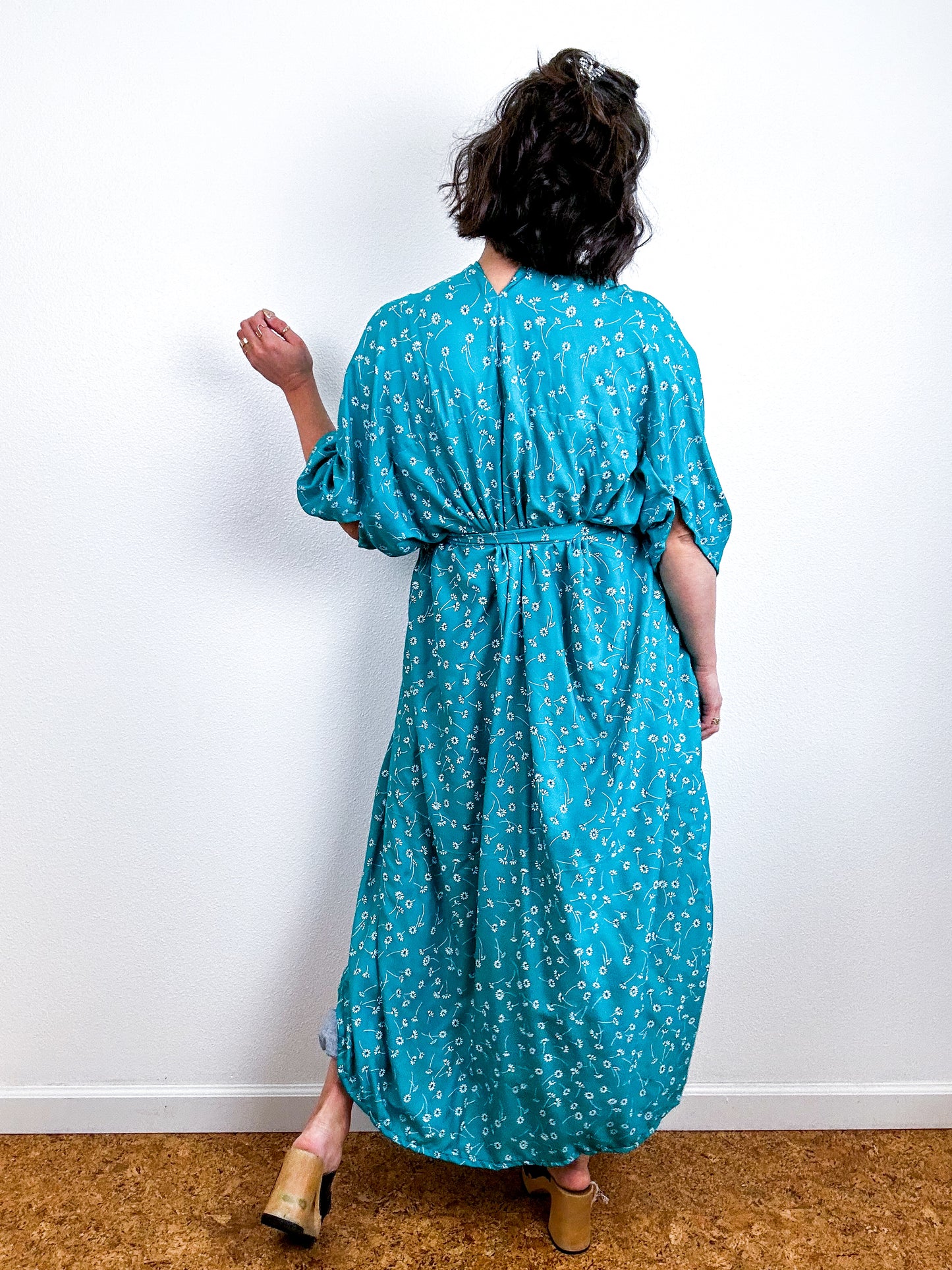 Print High Low Kimono Teal Daisy Challis