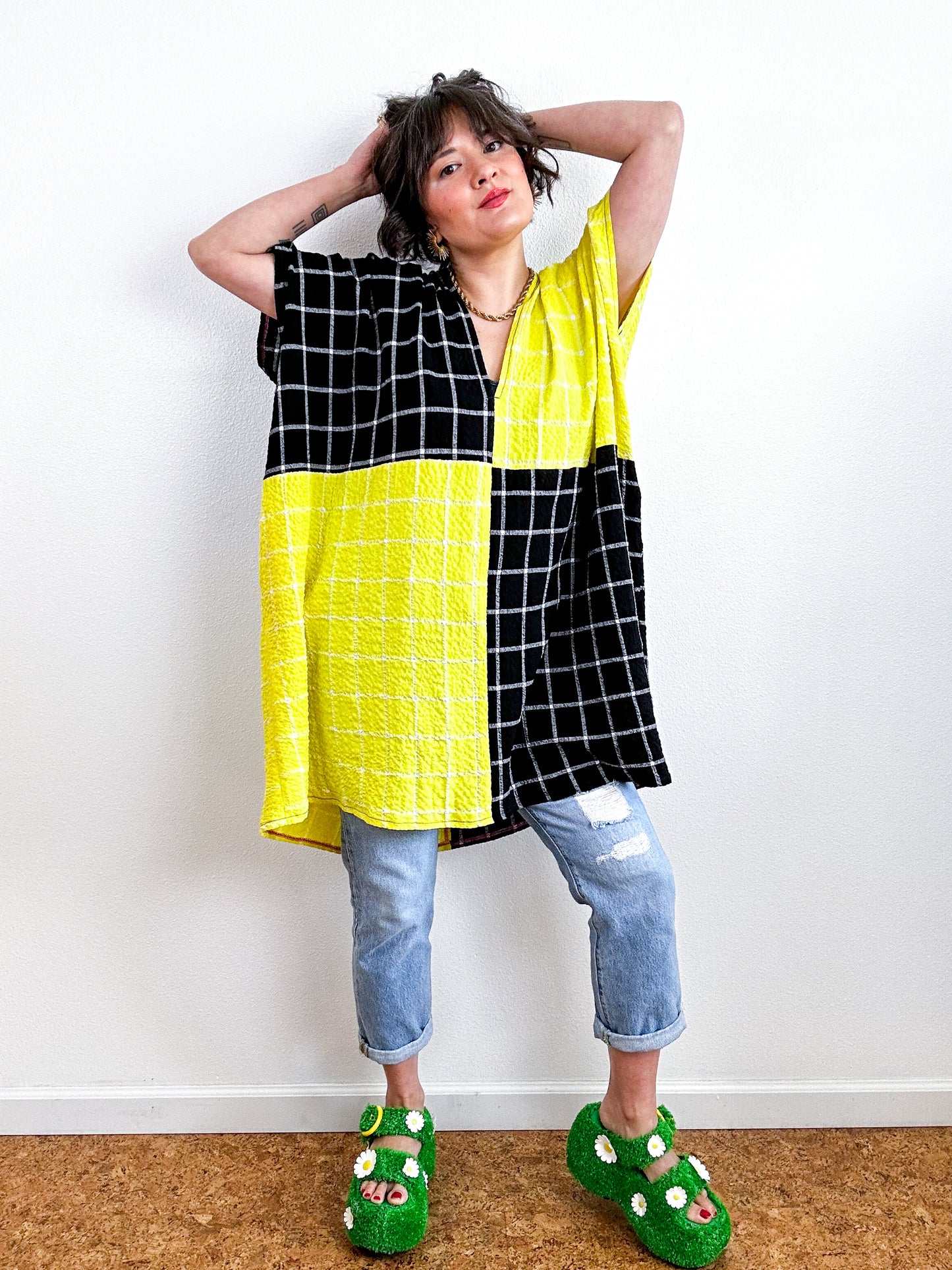 Oversized Windowpane Seersucker Smock Dress Black Citron