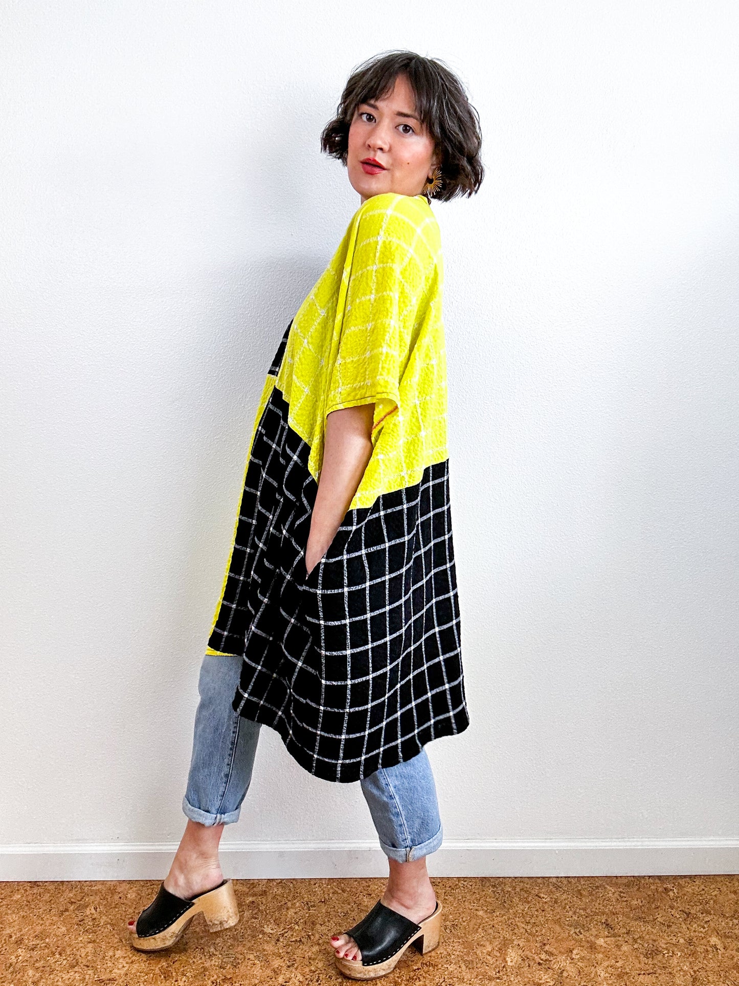 Oversized Windowpane Seersucker Smock Dress Black Citron