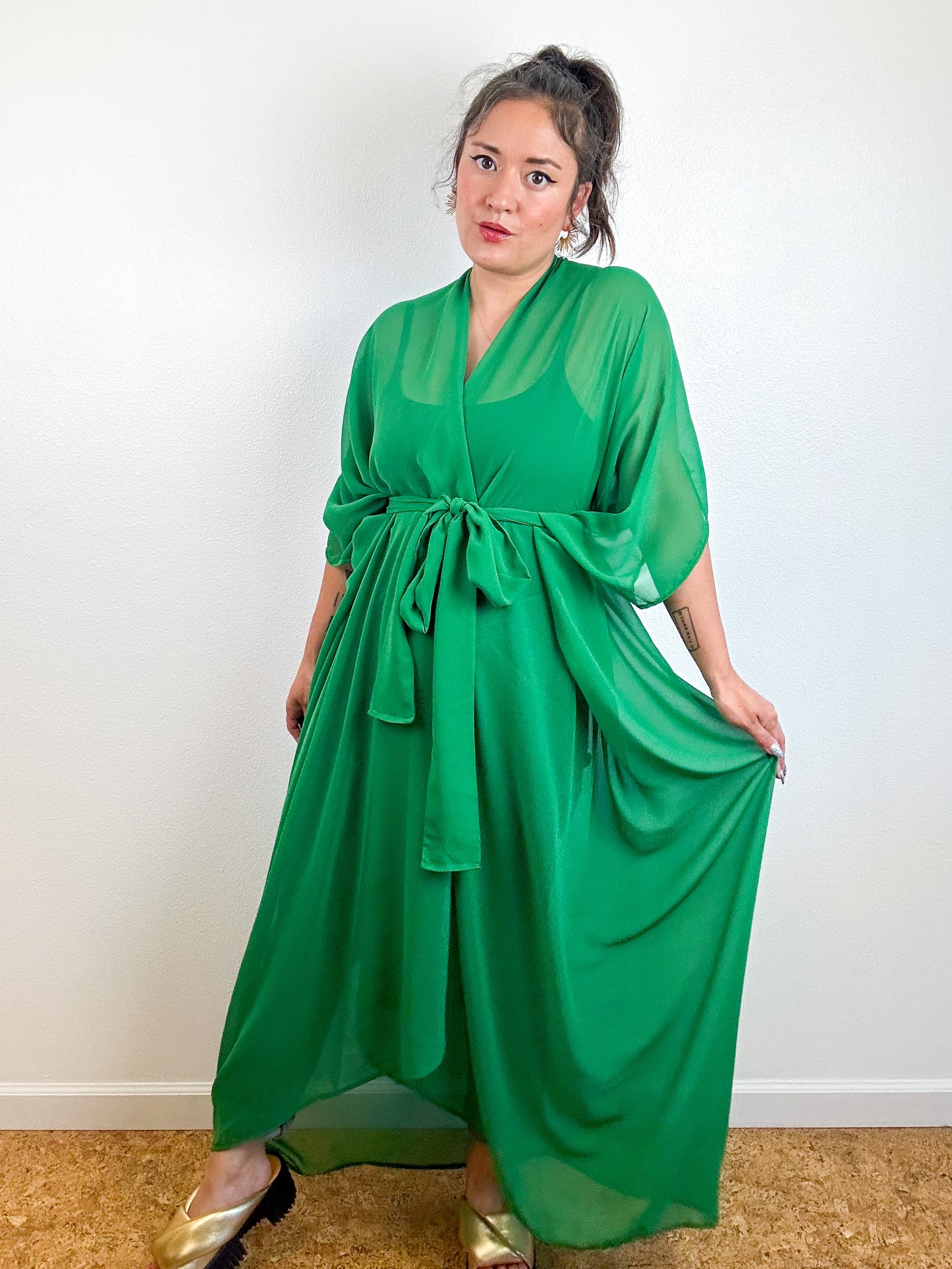 Solid High Low Kimono Kelly Green Chiffon