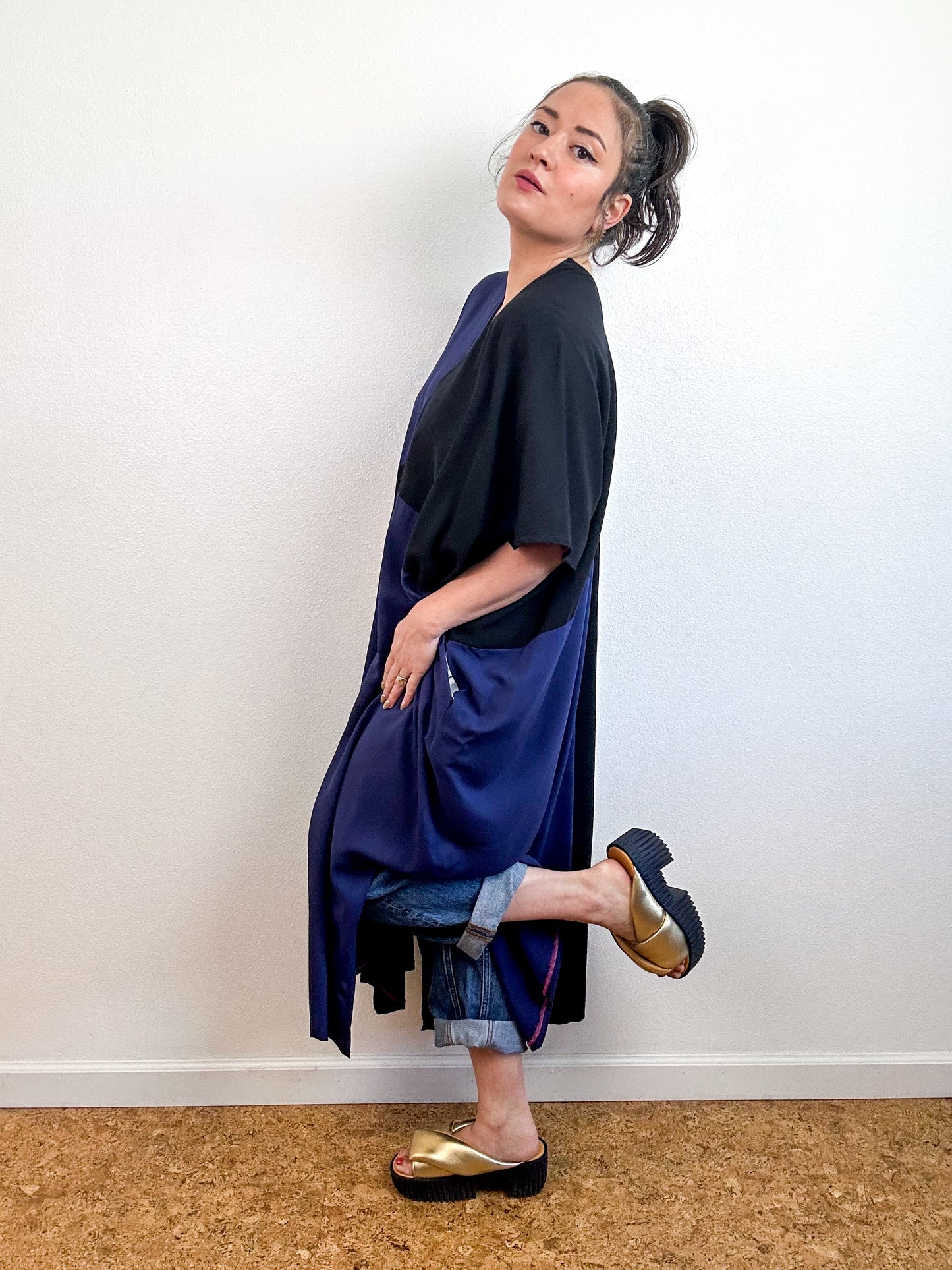 Color Block Midi Caftan Dress Navy Black