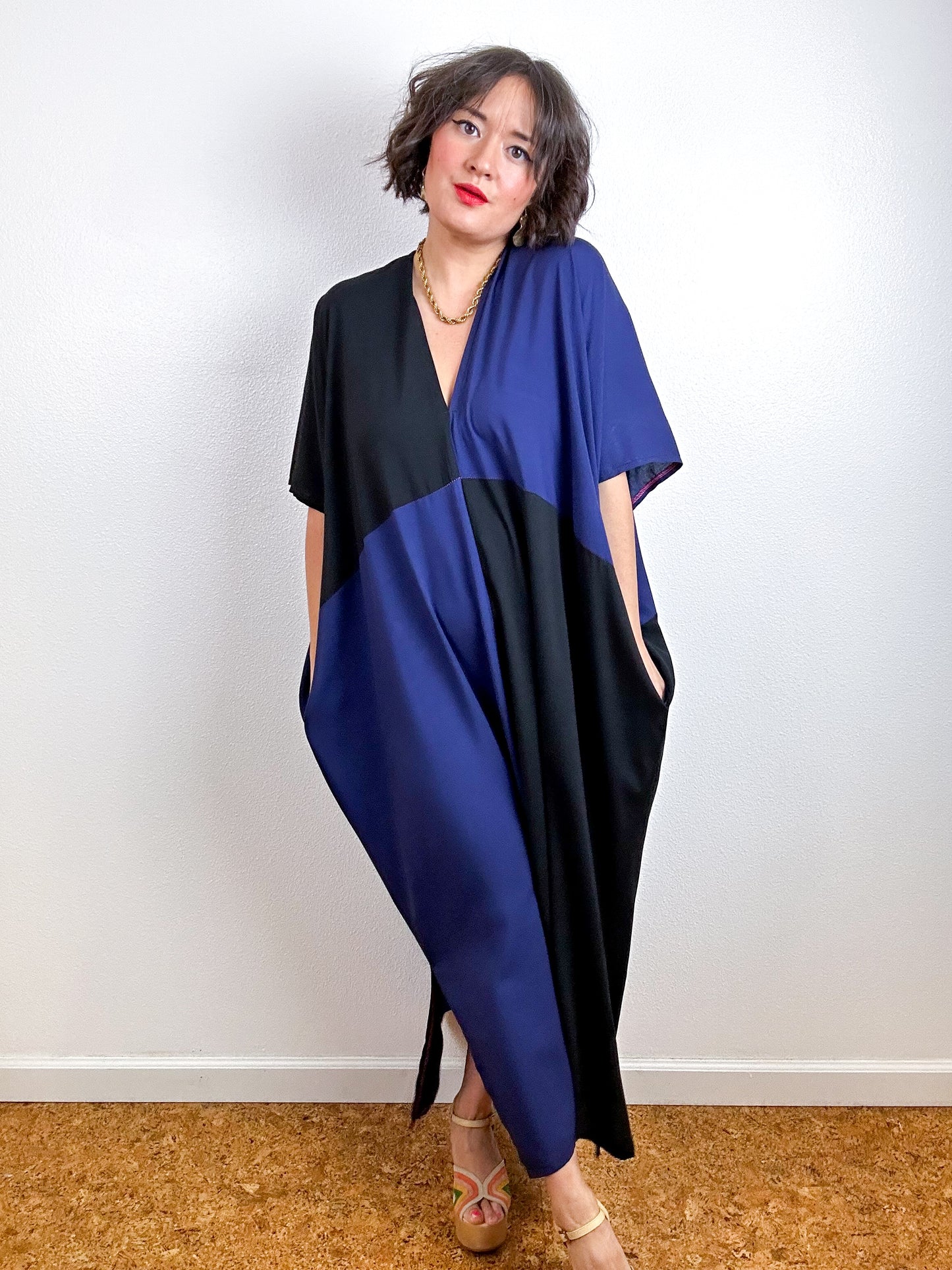 Color Block Midi Caftan Dress Navy Black