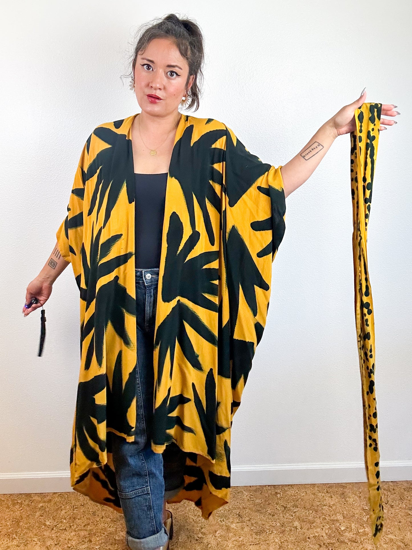 Hand-Dyed High Low Kimono Marigold Black Palms