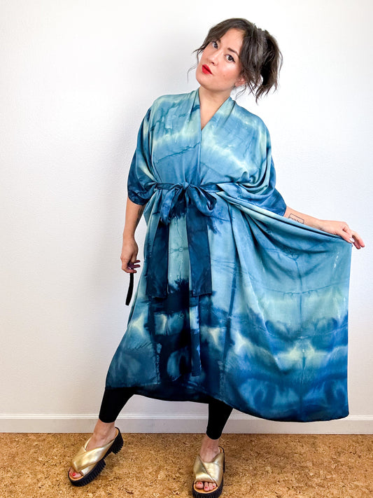 Hand-Dyed High Low Kimono Teal Watercolor
