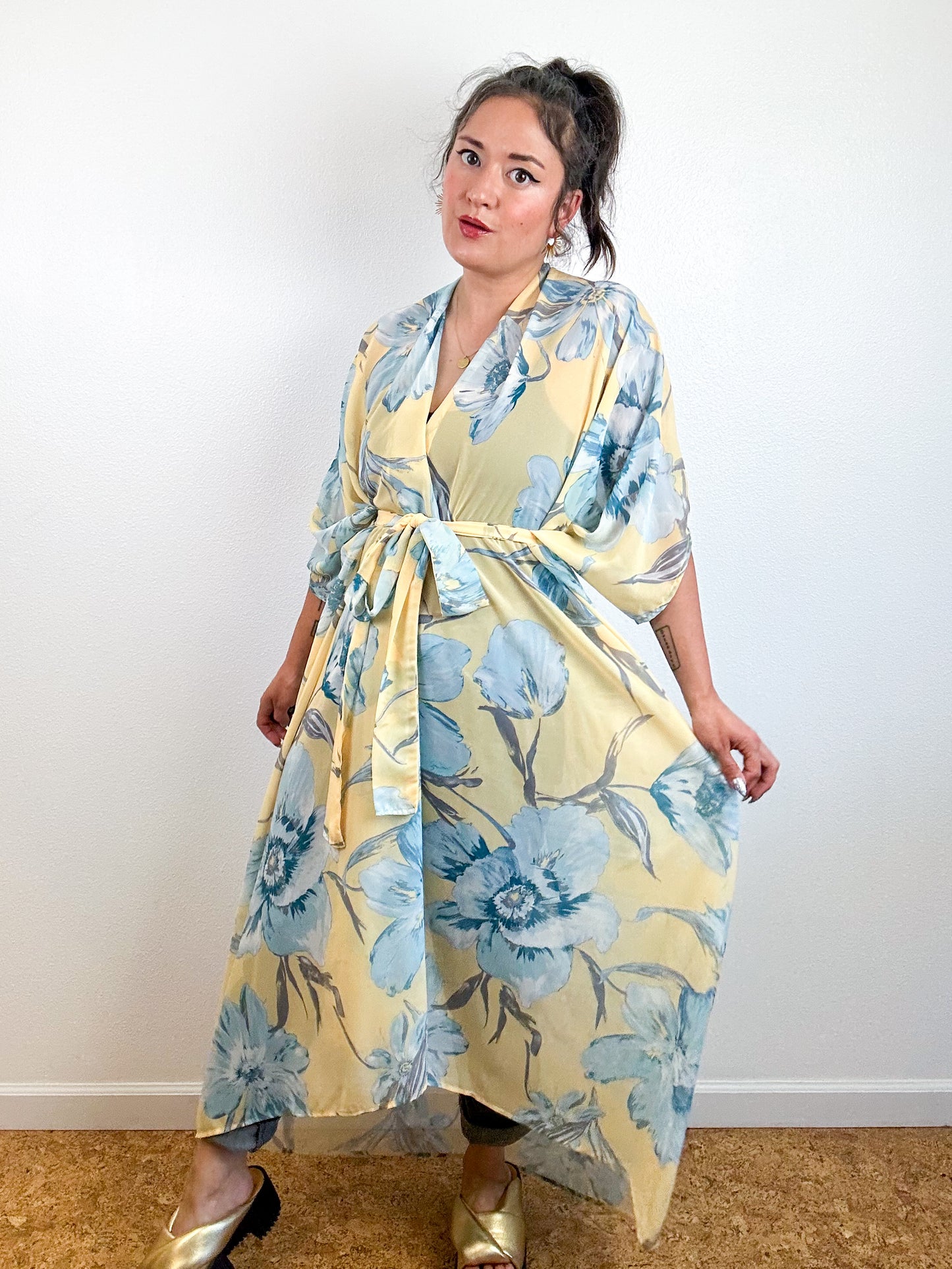 Print High Low Kimono Butter Yellow Floral Chiffon
