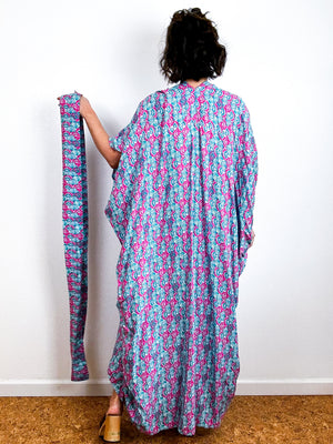 Print High Low Kimono Pink Turquoise Challis