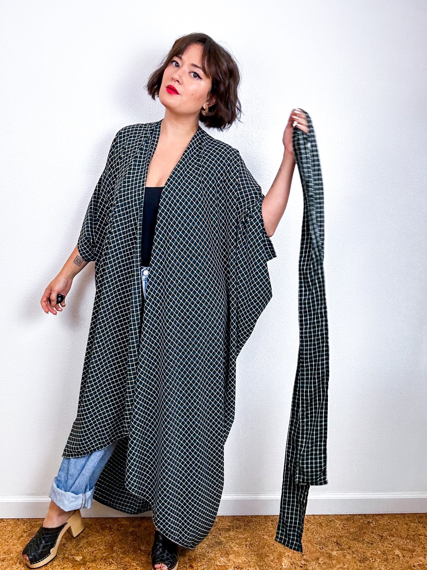 Print High Low Kimono Dark Green Check Georgette
