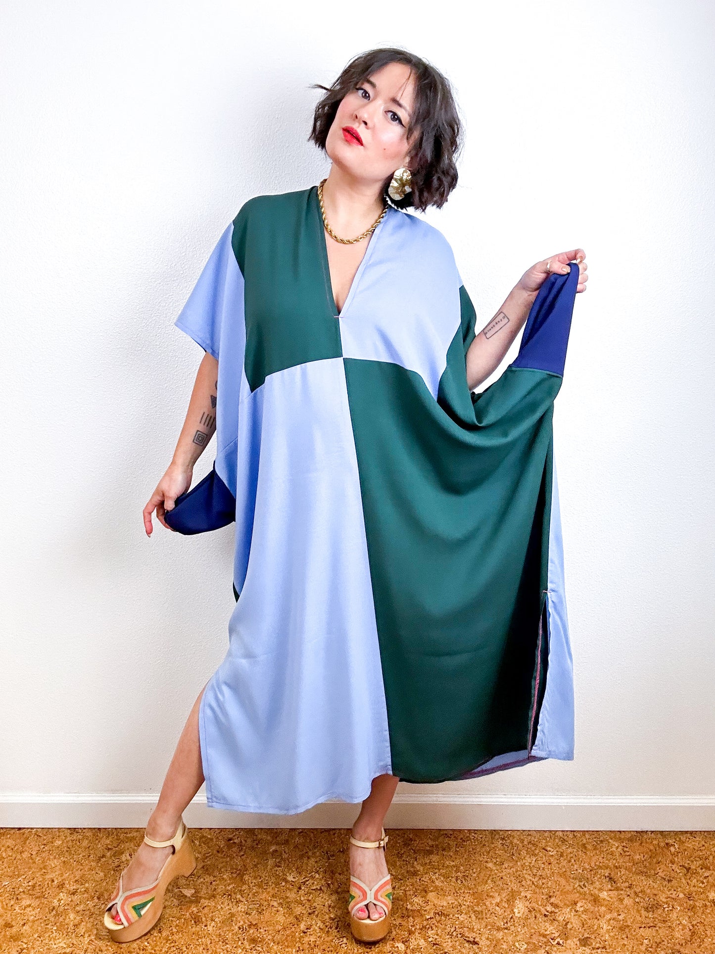 Color Block Midi Caftan Dress Forest Blue