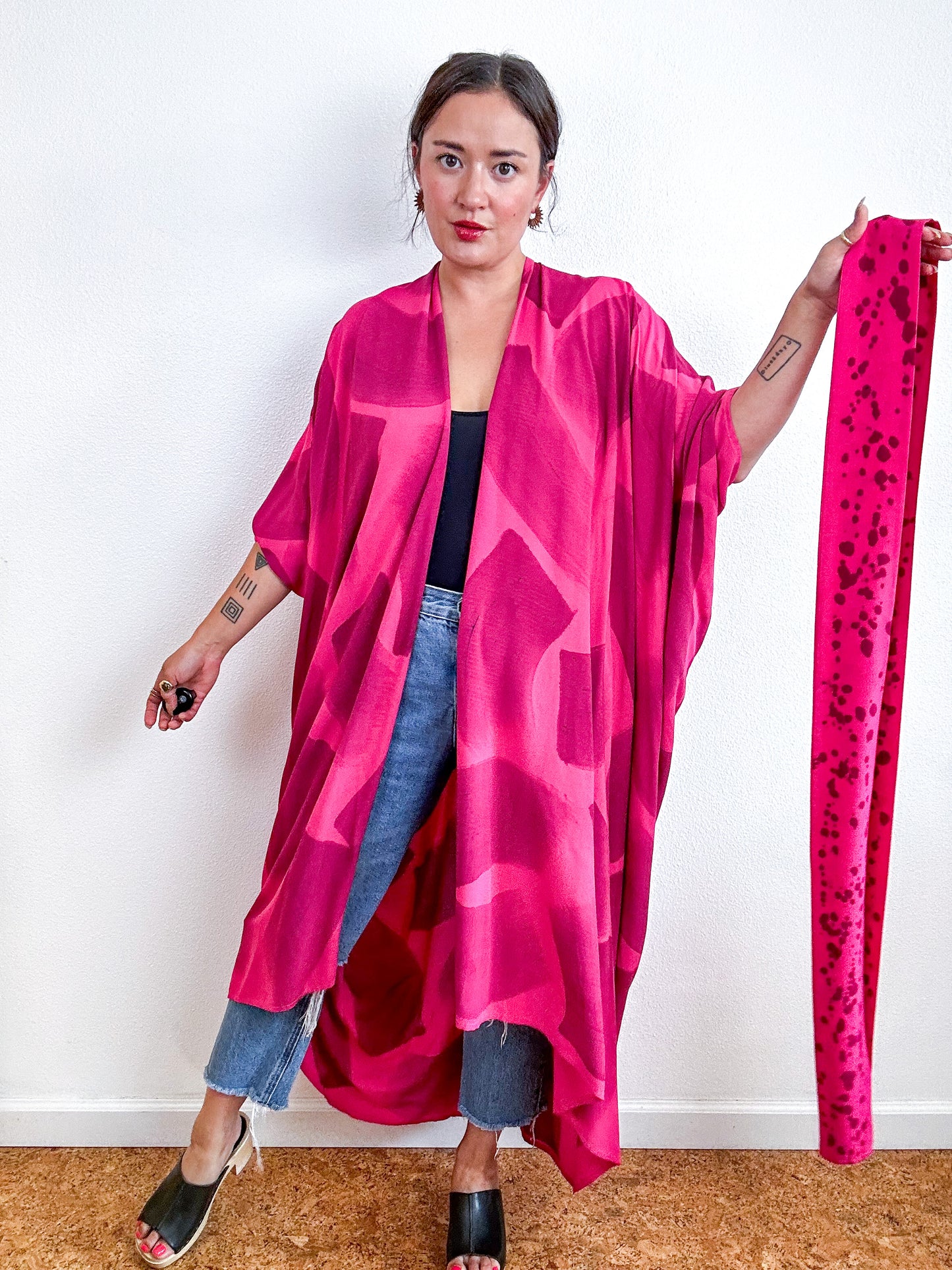 Hand-Dyed High Low Kimono Fuchsia Maroon Brush
