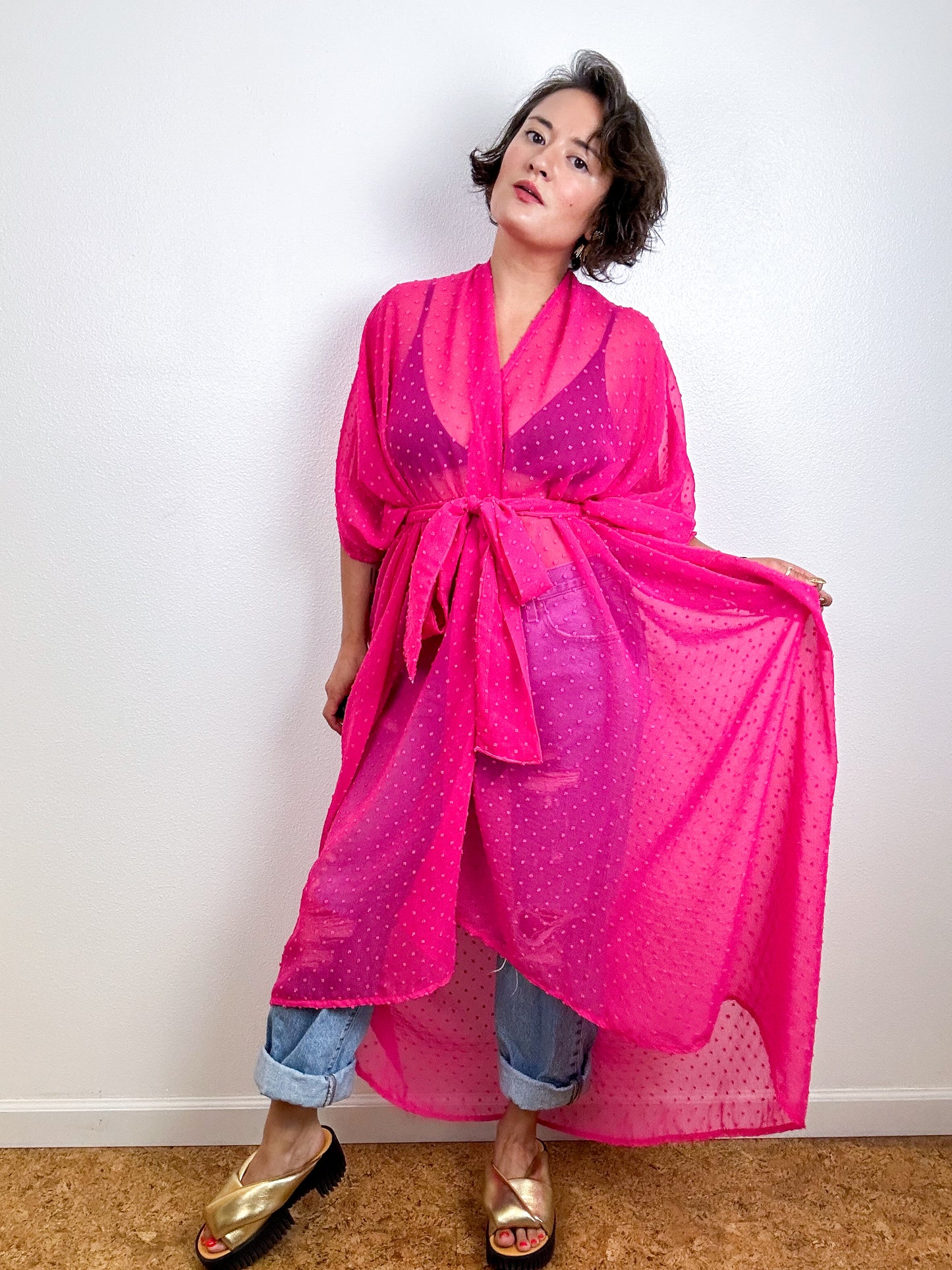 Solid High Low Kimono Fuchsia Swiss Dot Chiffon