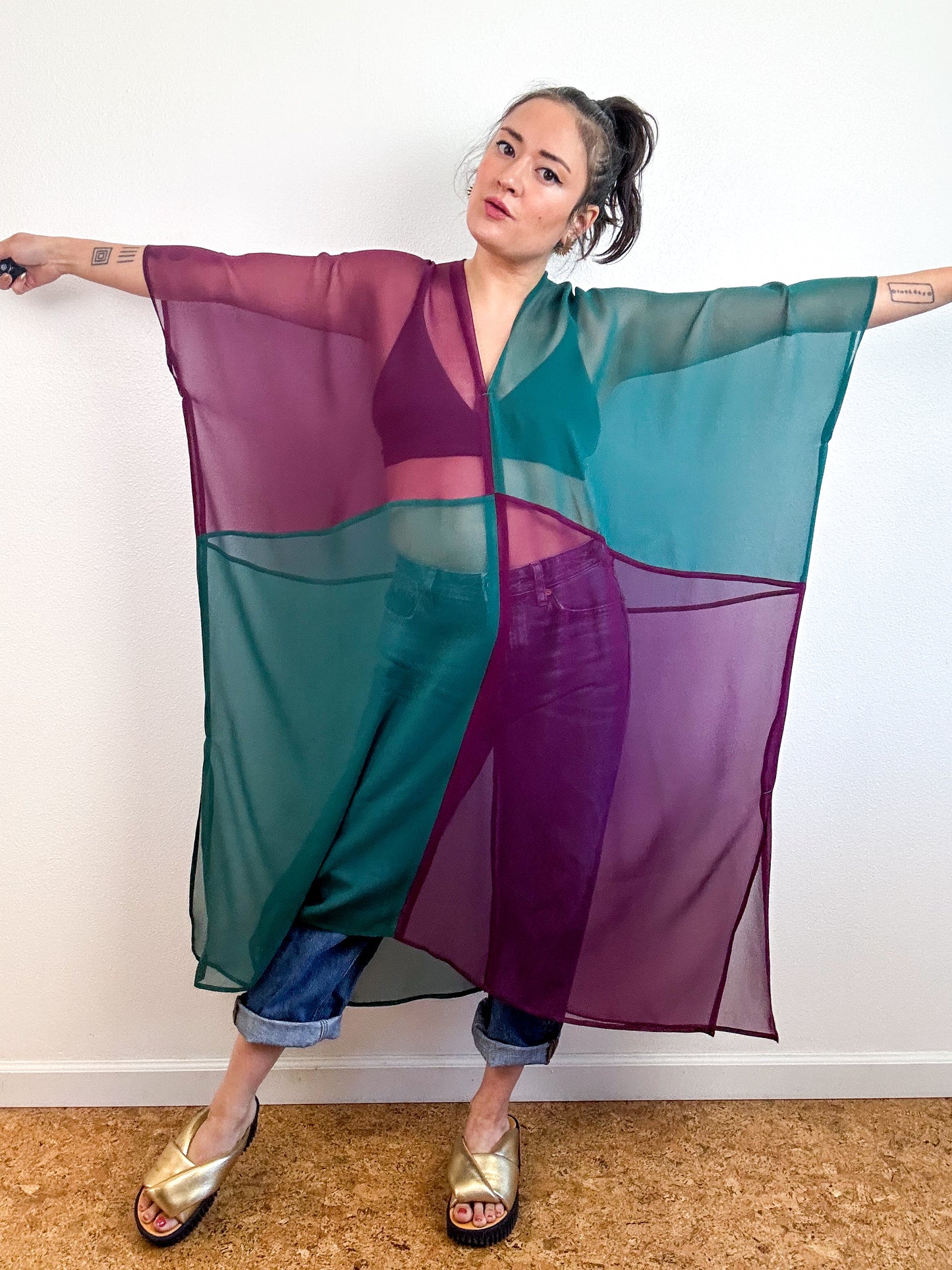 SILK Color Block Midi Caftan Dress Forest Maroon