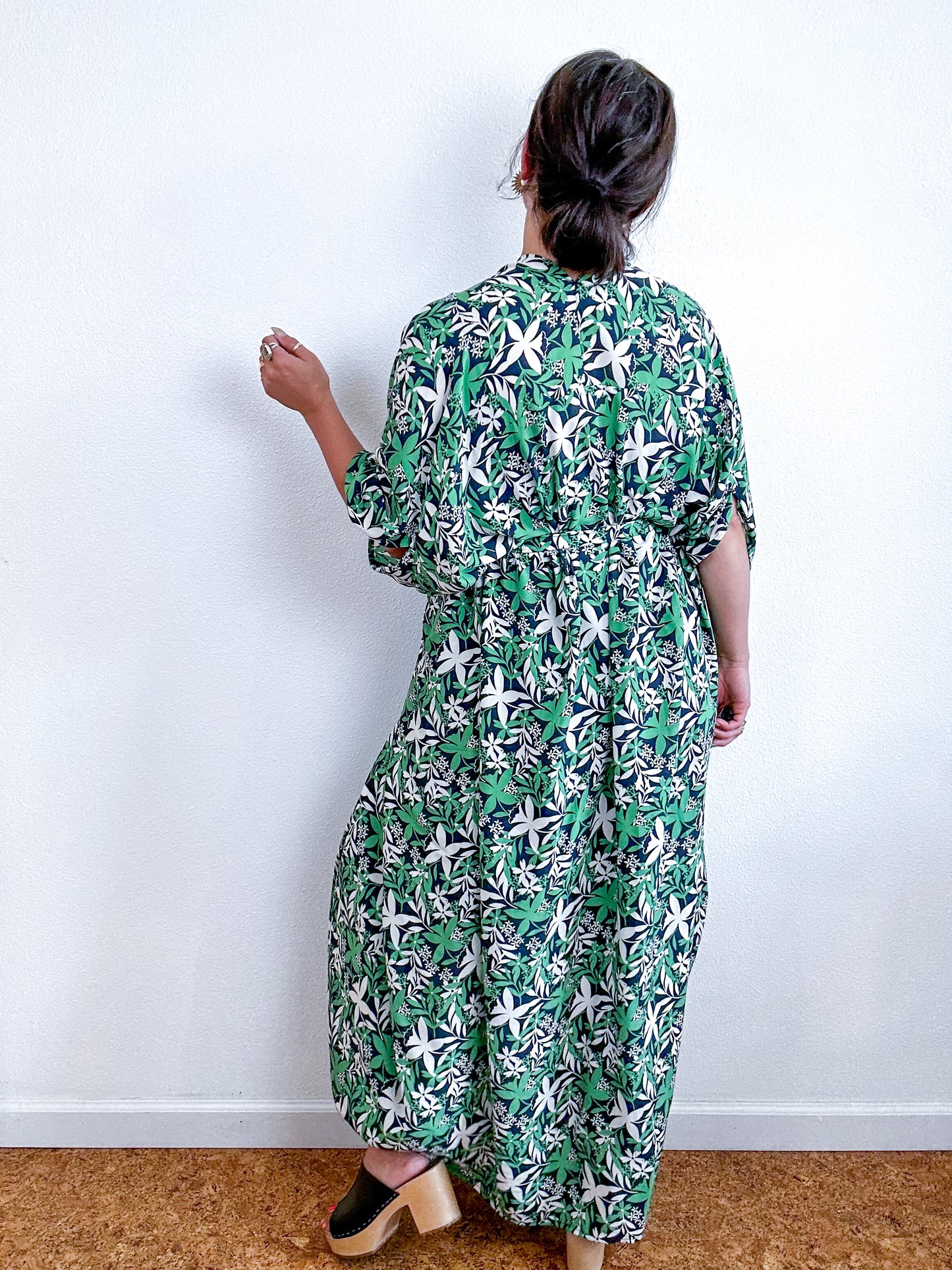 Print High Low Kimono Navy Green Flowers Challis