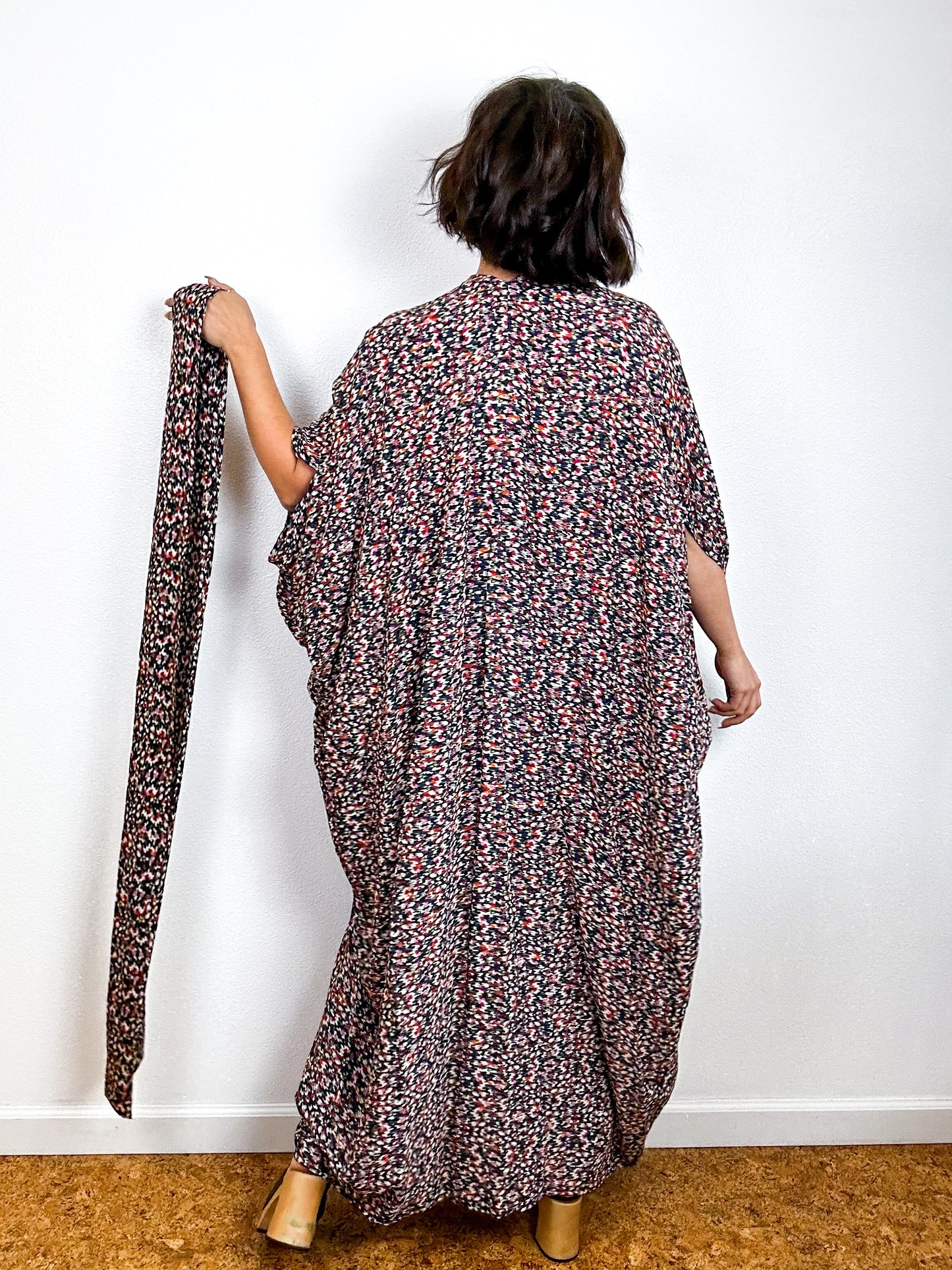 Print High Low Kimono Black Mini Ikat Challis