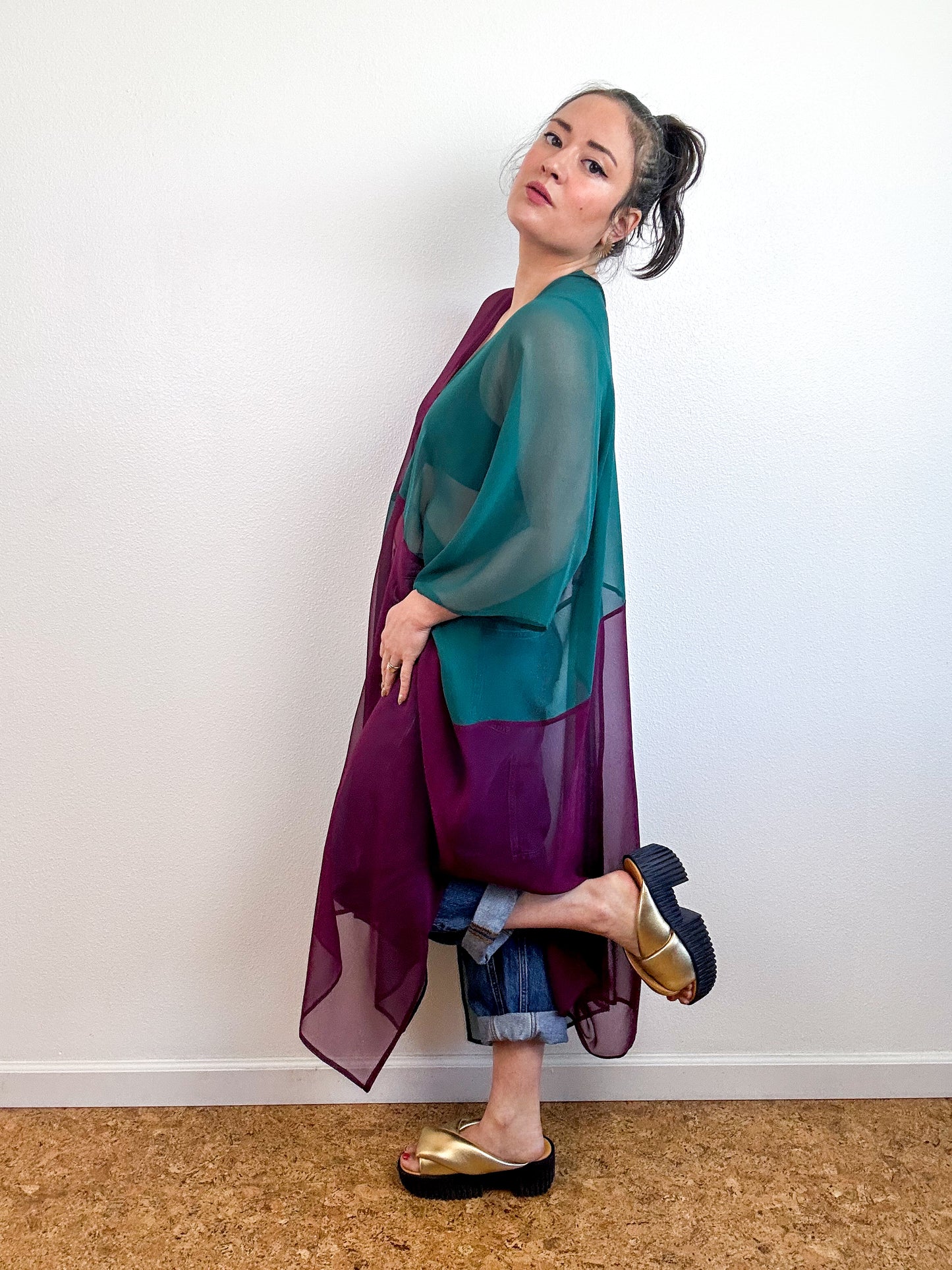 SILK Color Block Midi Caftan Dress Forest Maroon