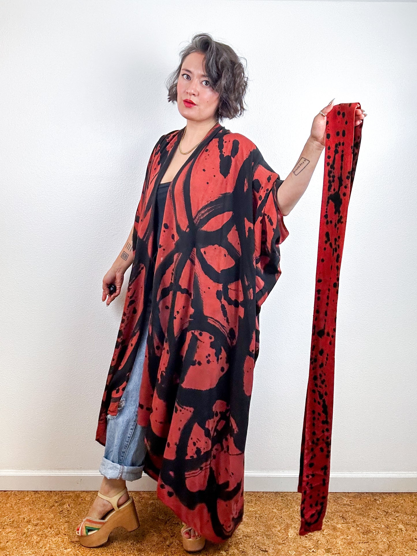 Hand-Dyed High Low Kimono Rust Black Sumi