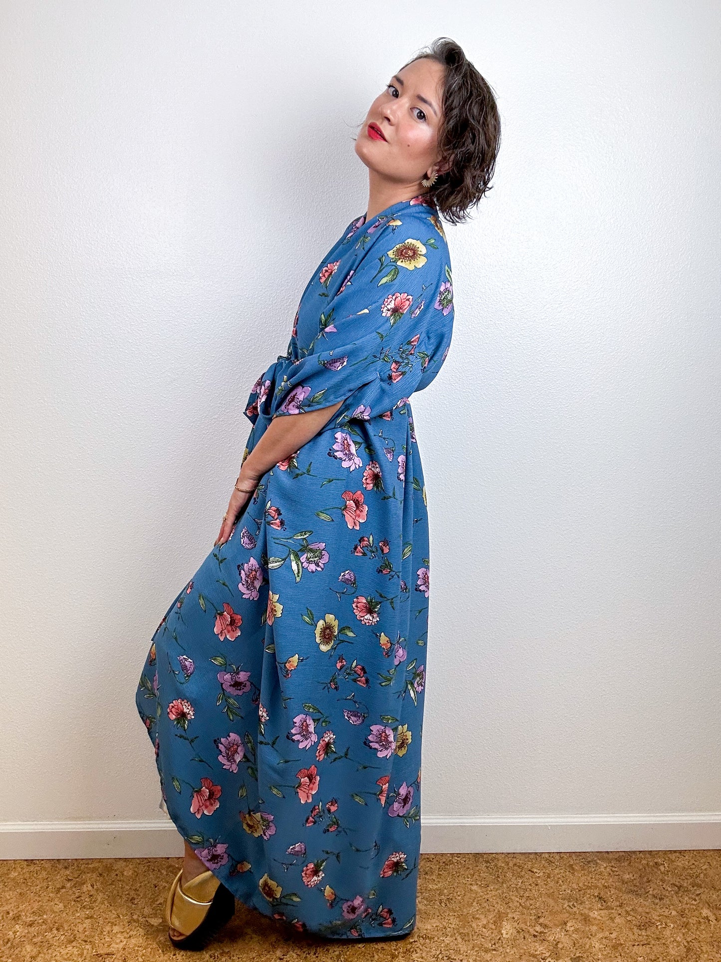 Print High Low Kimono Blue Scattered Floral Rayon Crepe