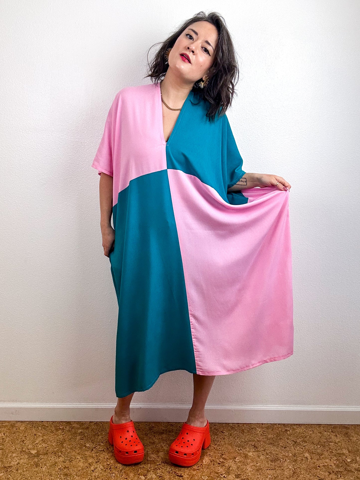 Color Block Midi Caftan Dress Pink Teal
