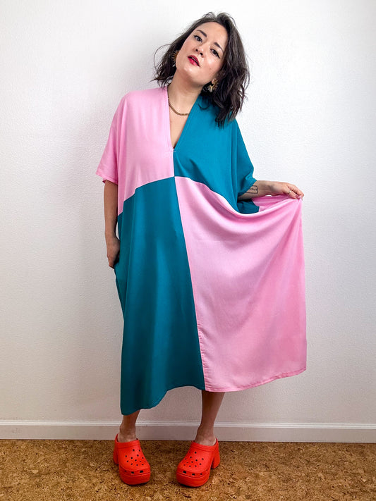 Color Block Midi Caftan Dress Pink Teal