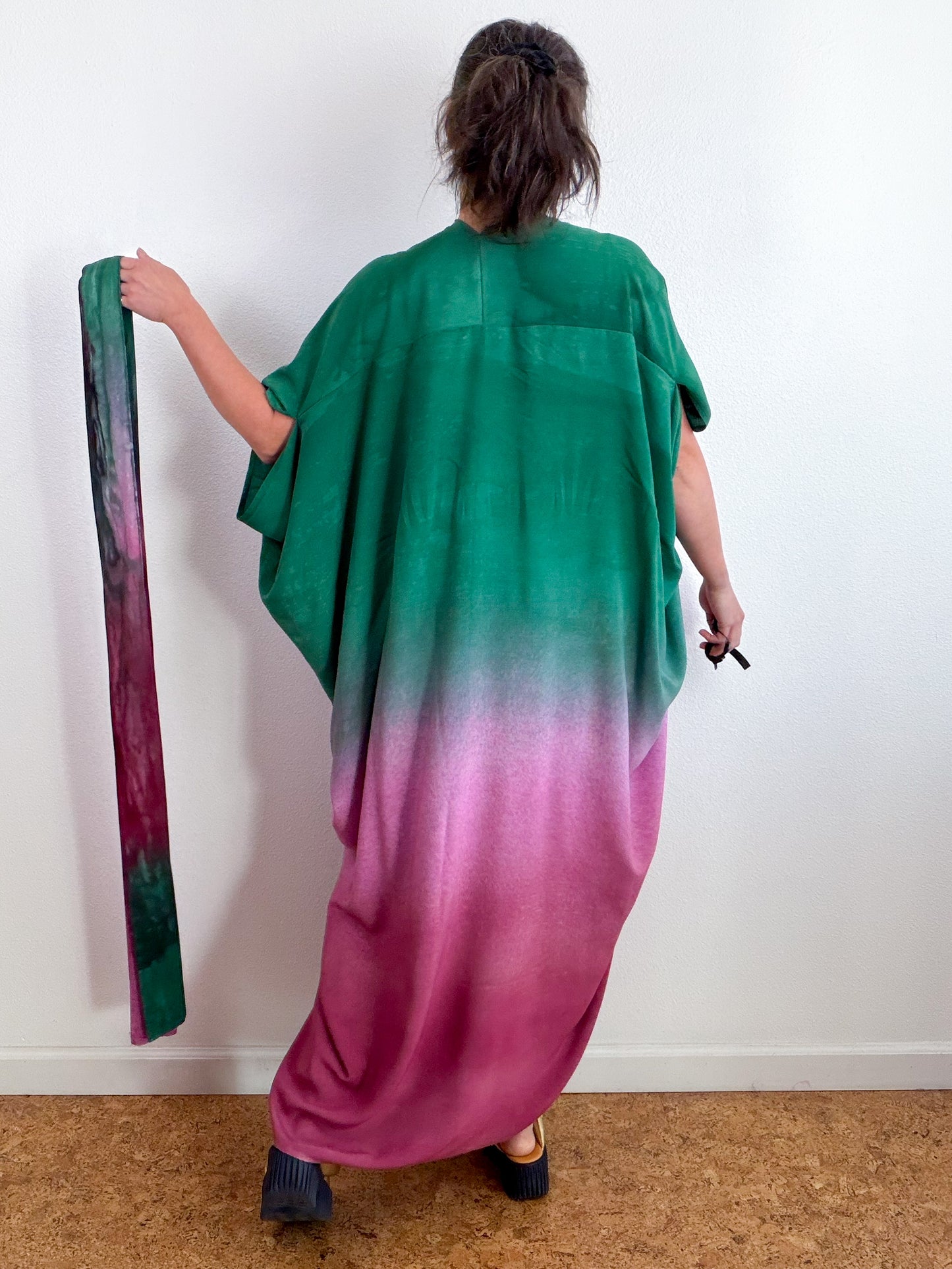Hand-Dyed High Low Kimono Forest Peony Madrone Gradient