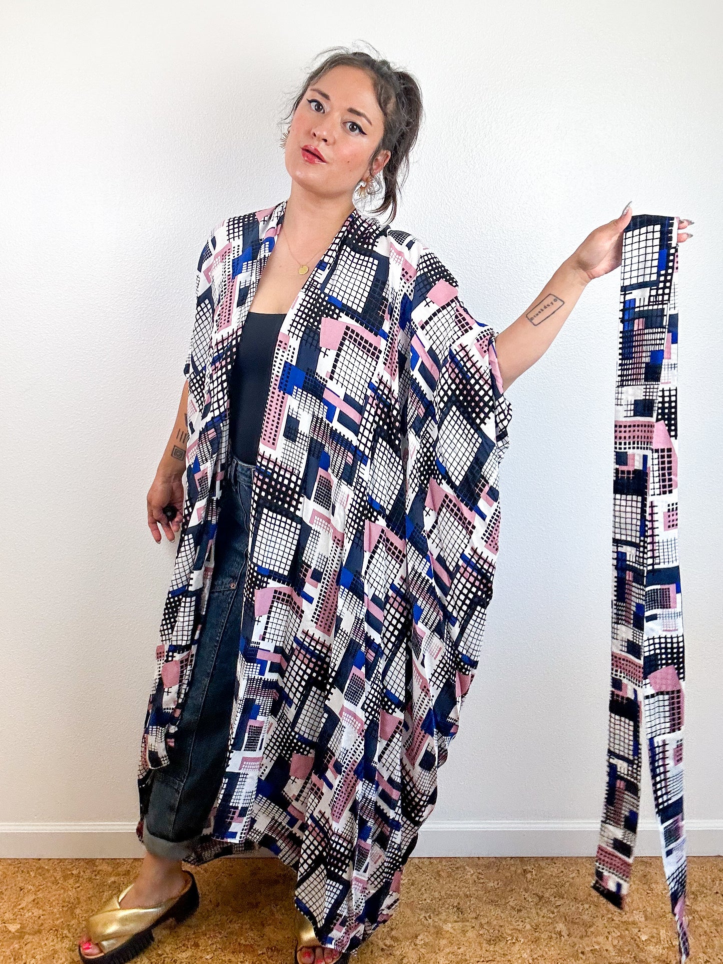 Print High Low Kimono Blue Pink Grid Challis