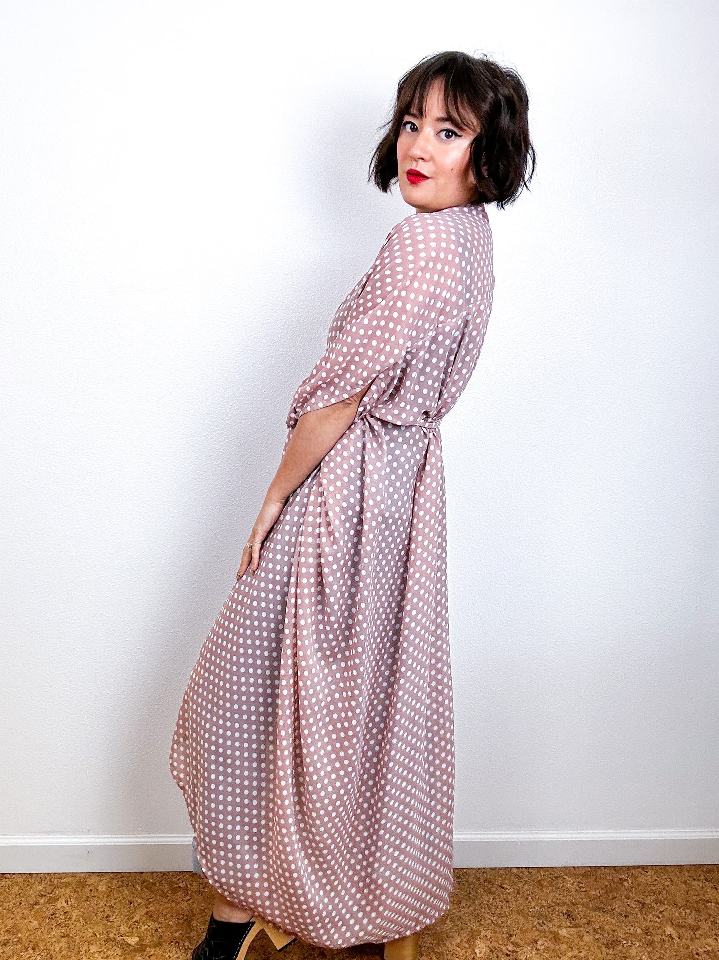 Print High Low Kimono Blush Dots Chiffon