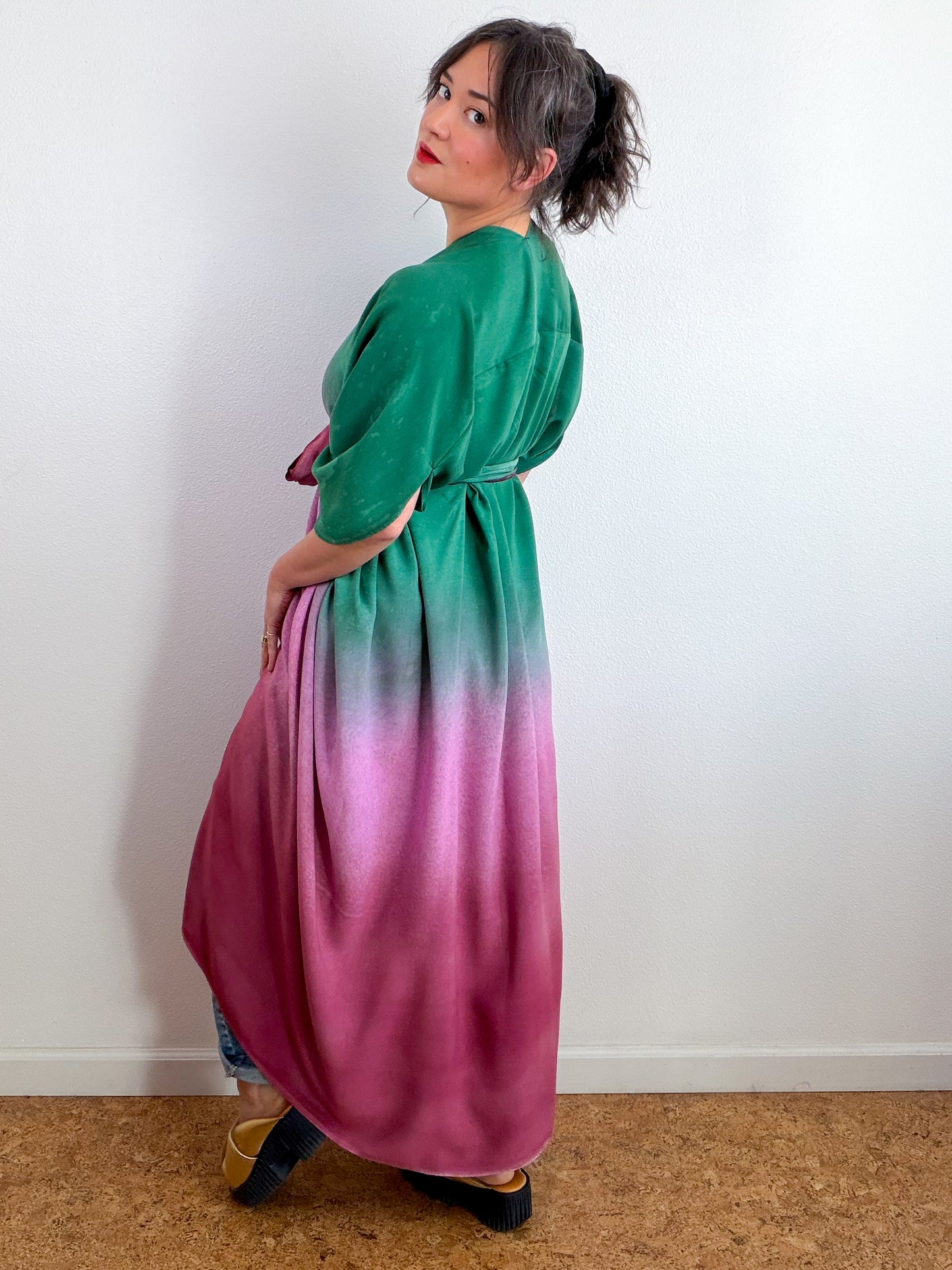 Hand-Dyed High Low Kimono Forest Peony Madrone Gradient