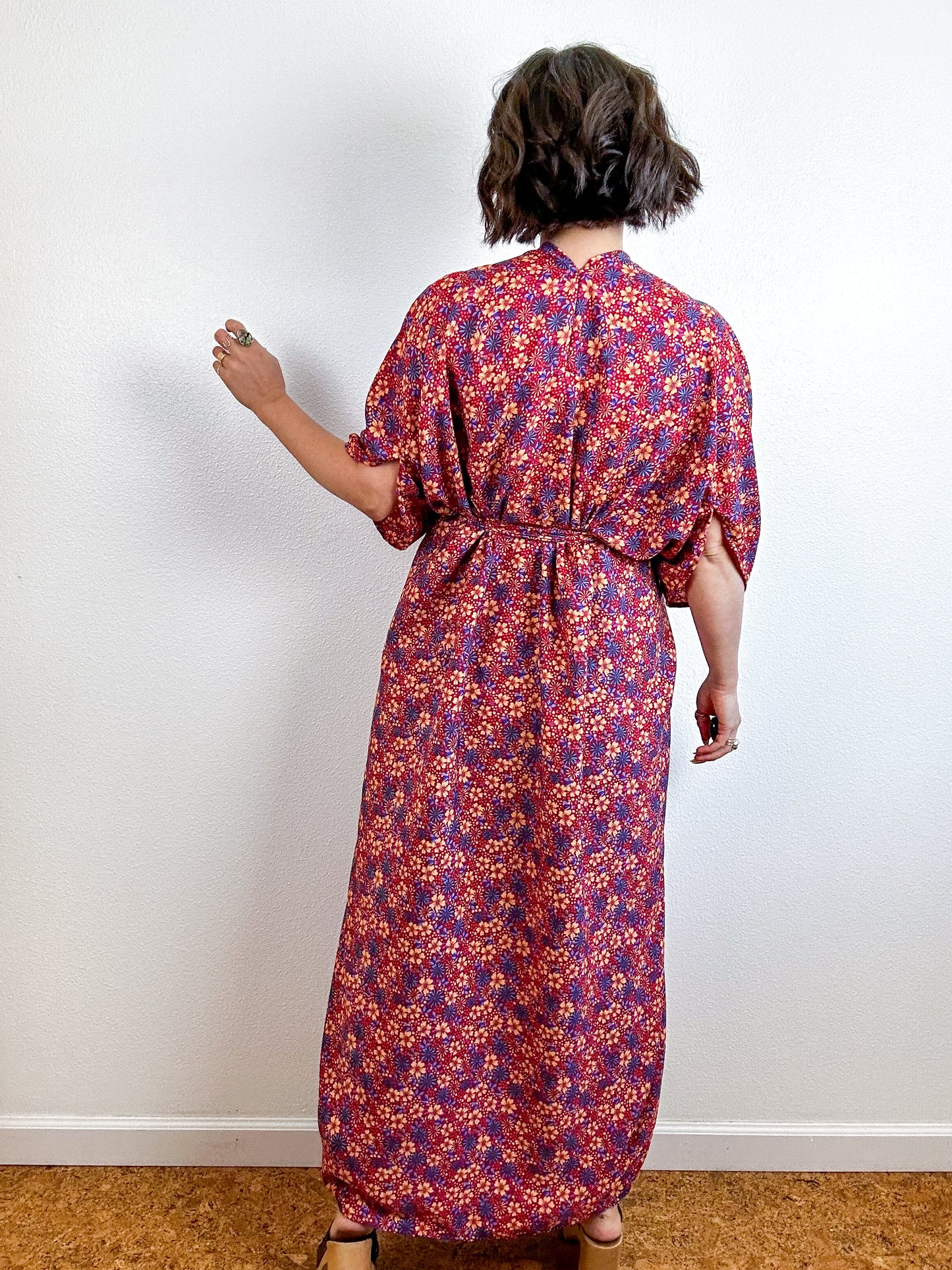 Print High Low Kimono Maroon Peach Mini Floral Crepe de Chine