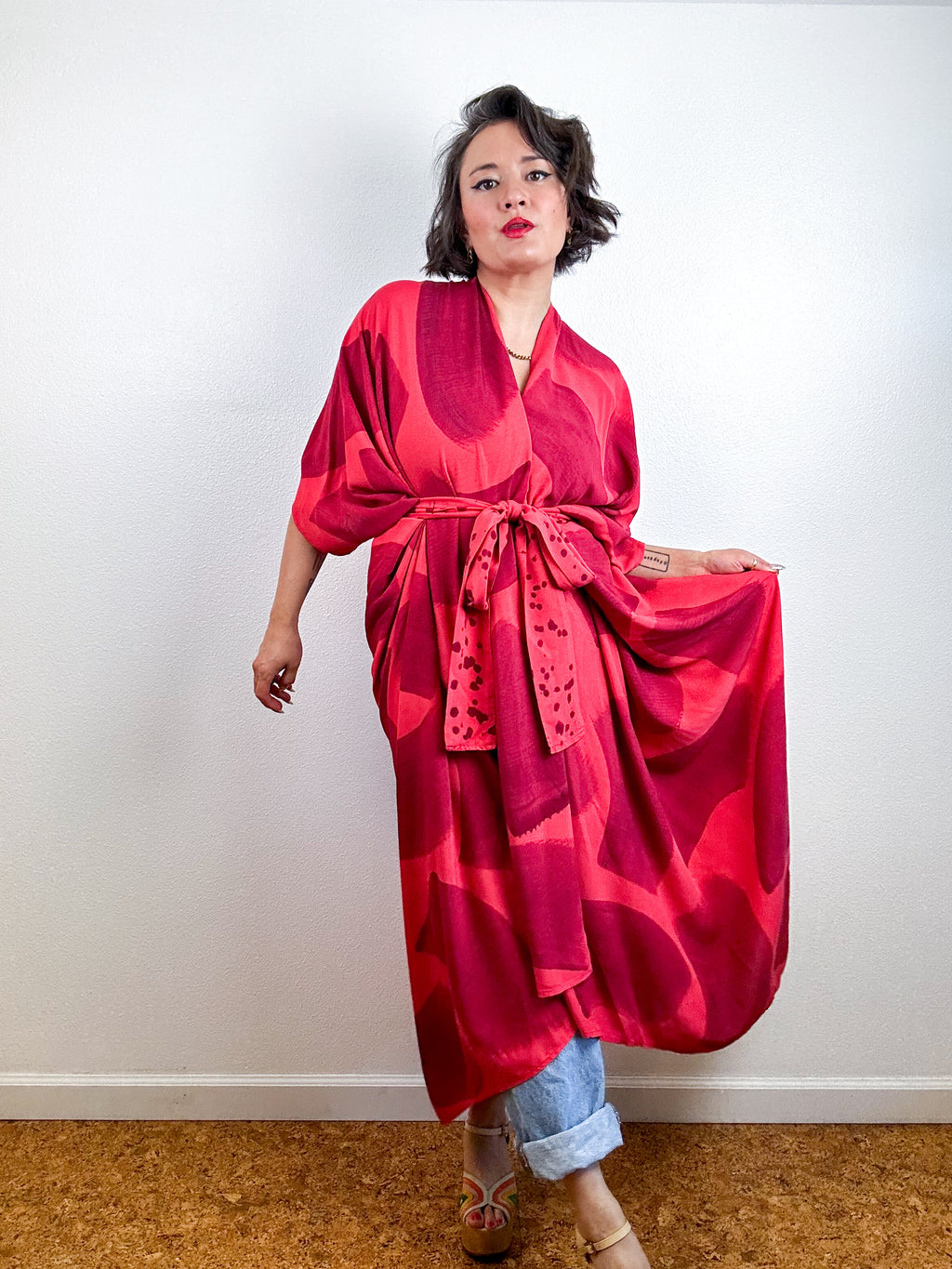 Hand-Dyed High Low Kimono Coral Maroon Brush