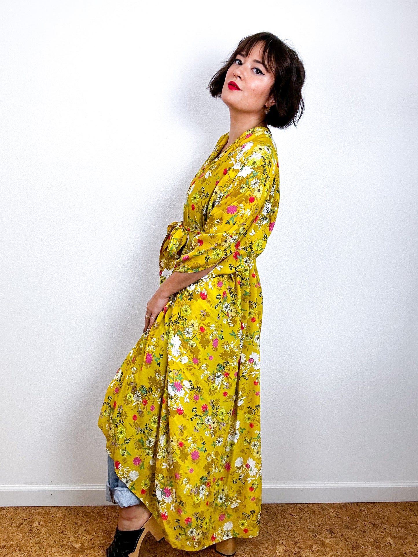 Print High Low Kimono Yellow Wildflower Challis