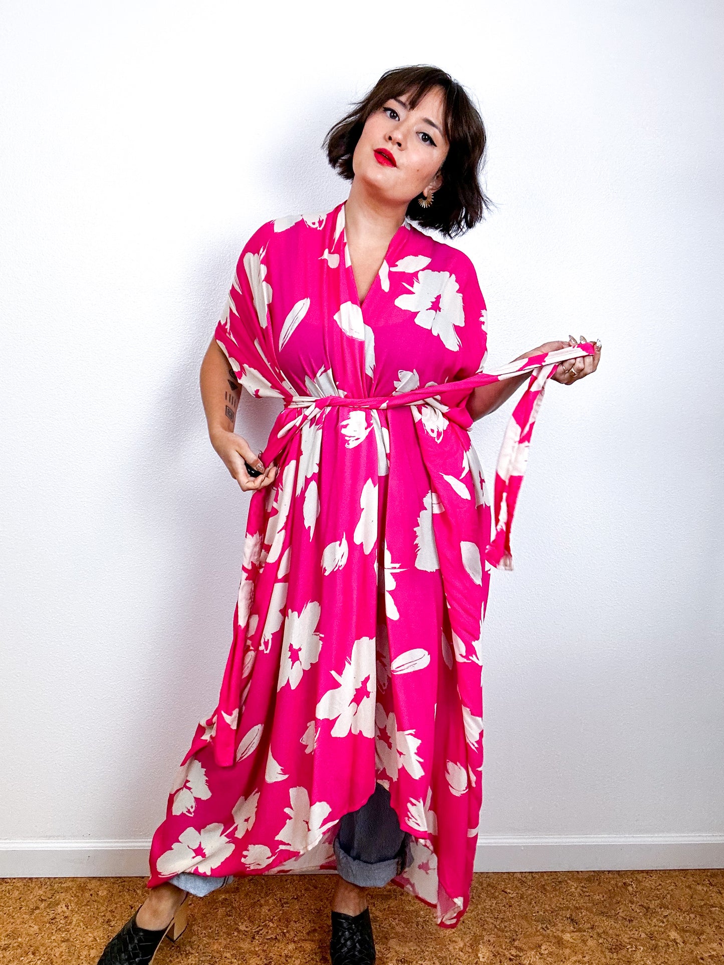 Print High Low Kimono Hot Pink Floral Crinkle Challis
