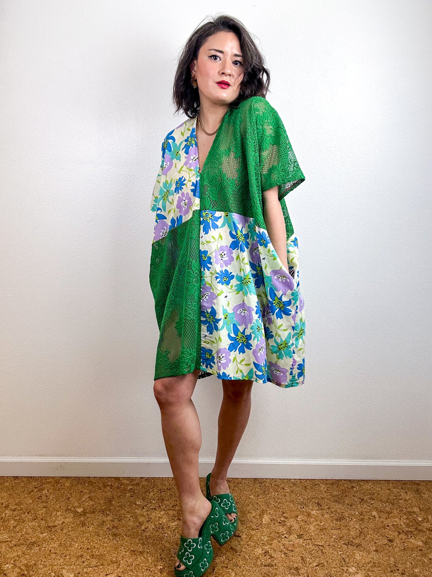 Color Block Mini Caftan Dress Green Lace Blue Floral