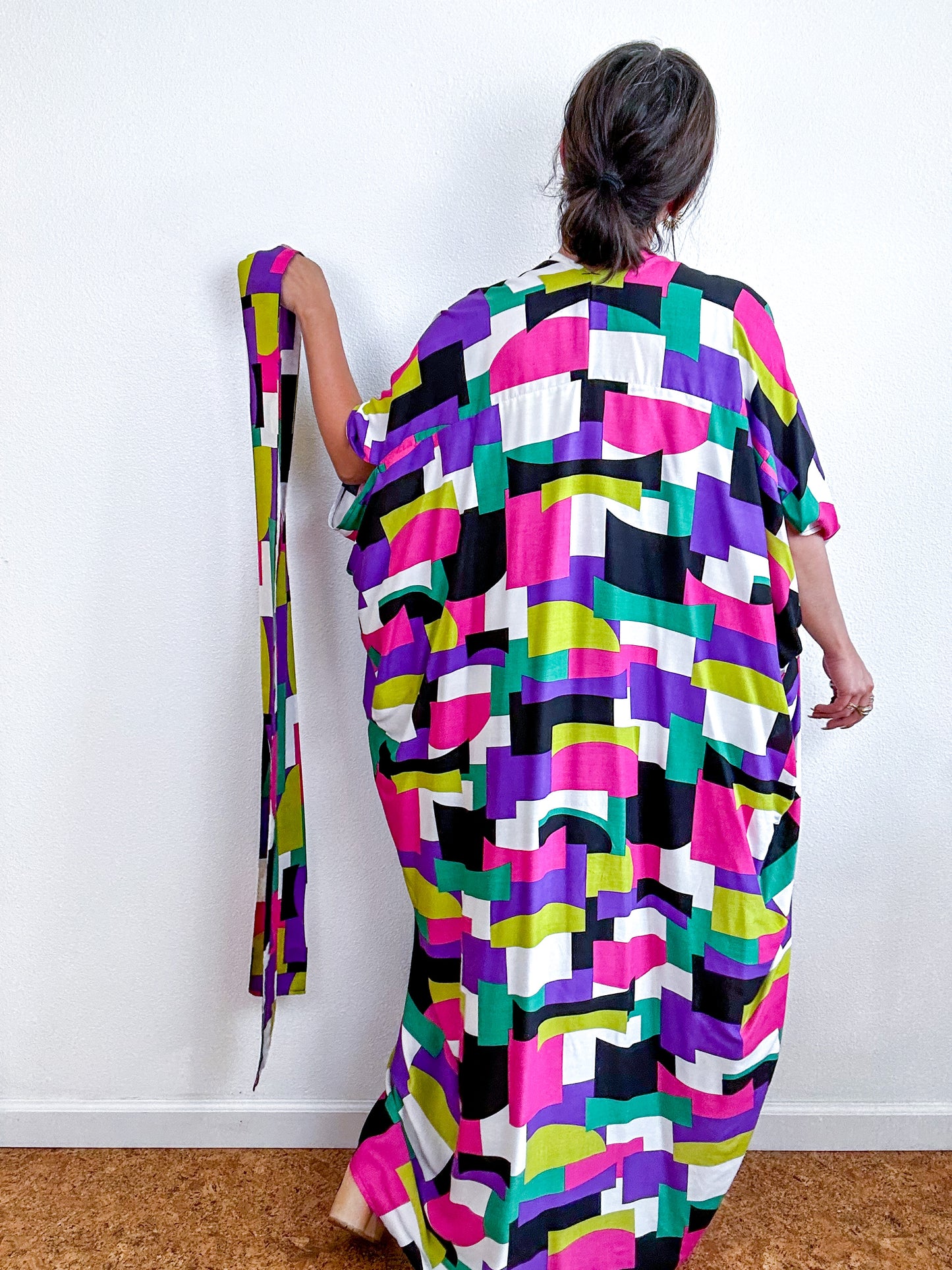 Print High Low Kimono Multi Color Block Challis
