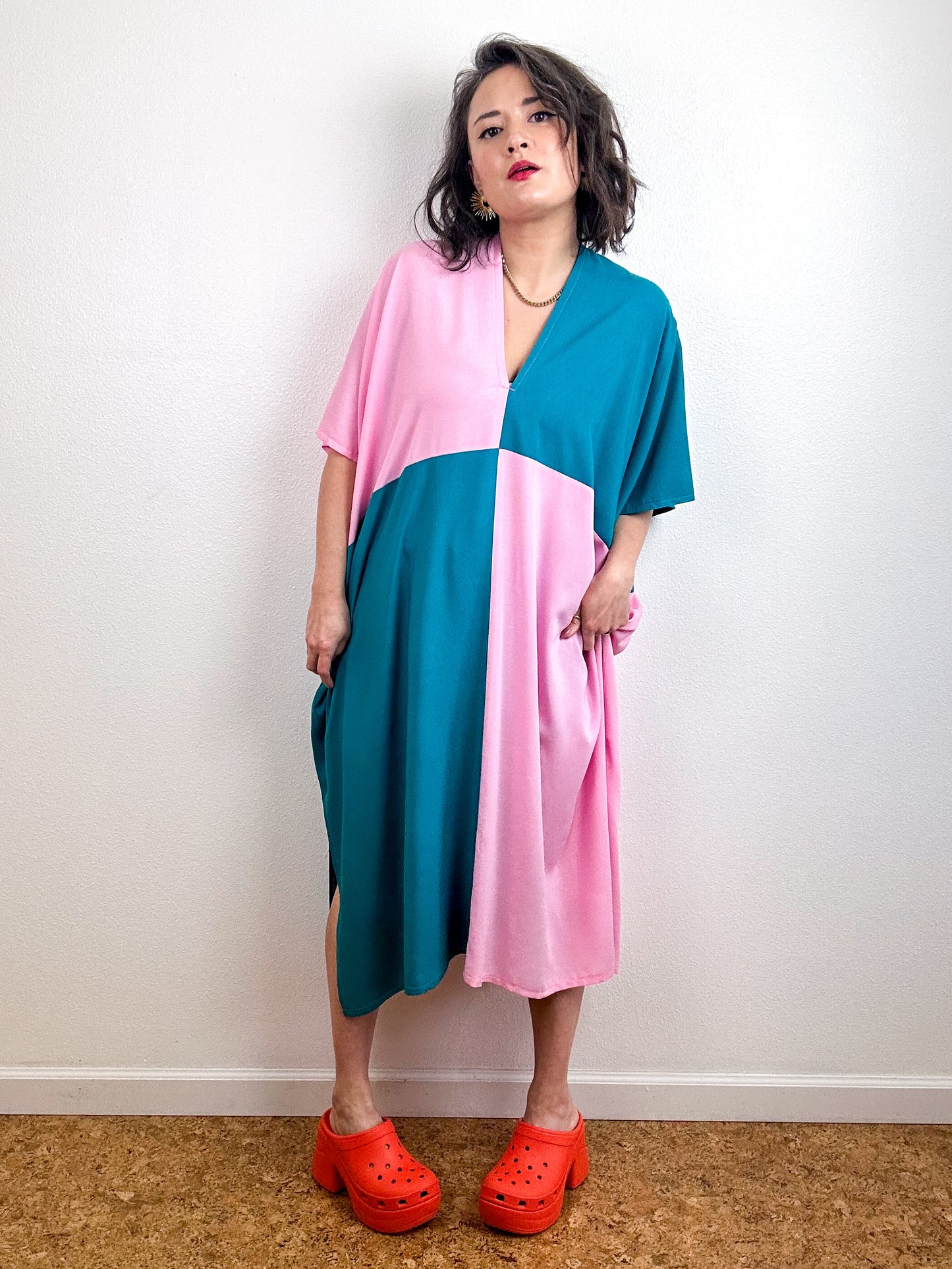 Color Block Midi Caftan Dress Pink Teal