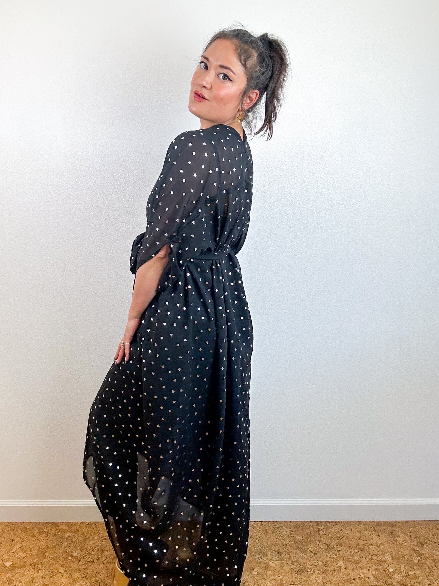 Print High Low Kimono Black Silver Hearts Chiffon