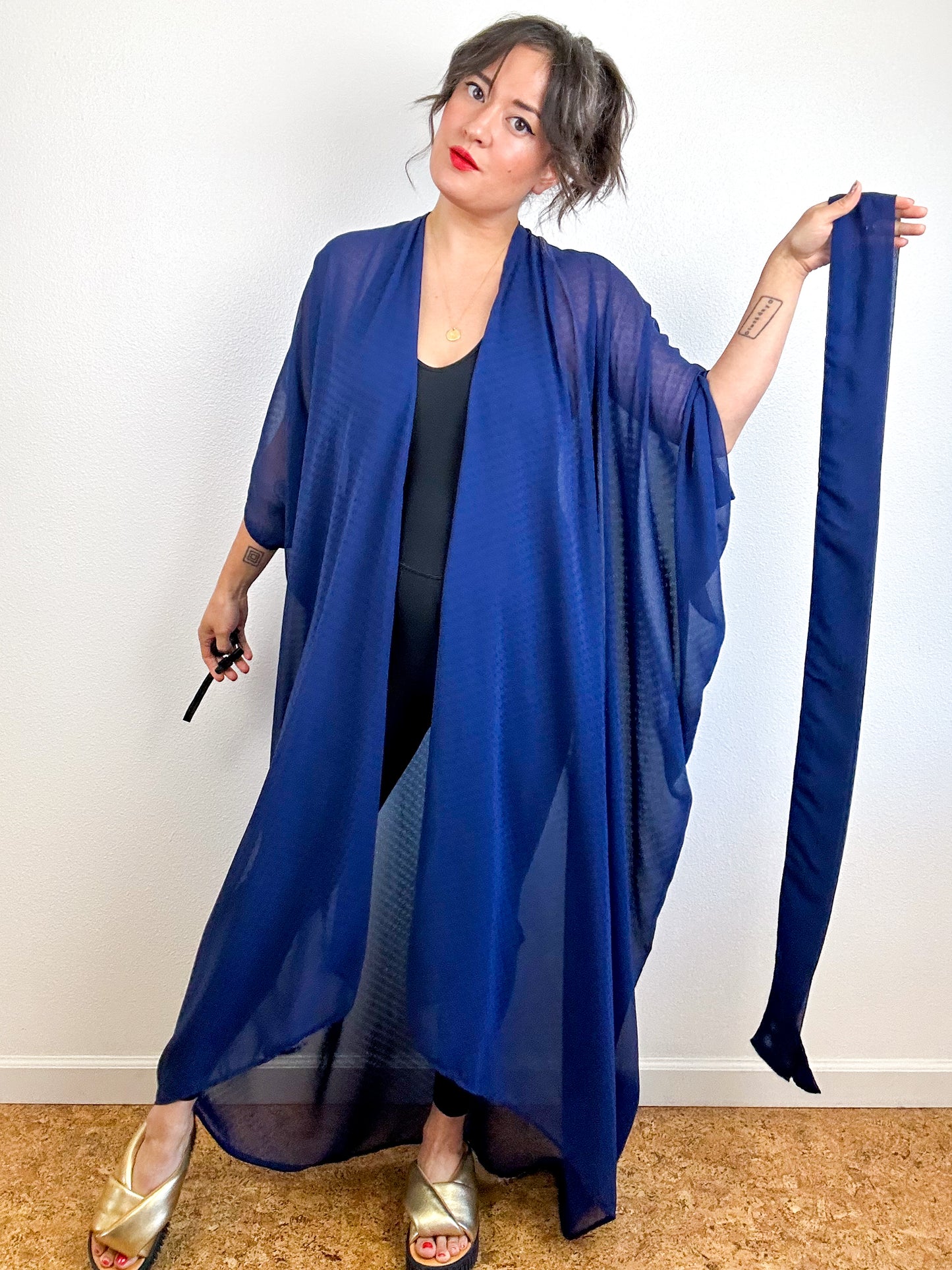 Print High Low Kimono Navy Mini Dots Chiffon