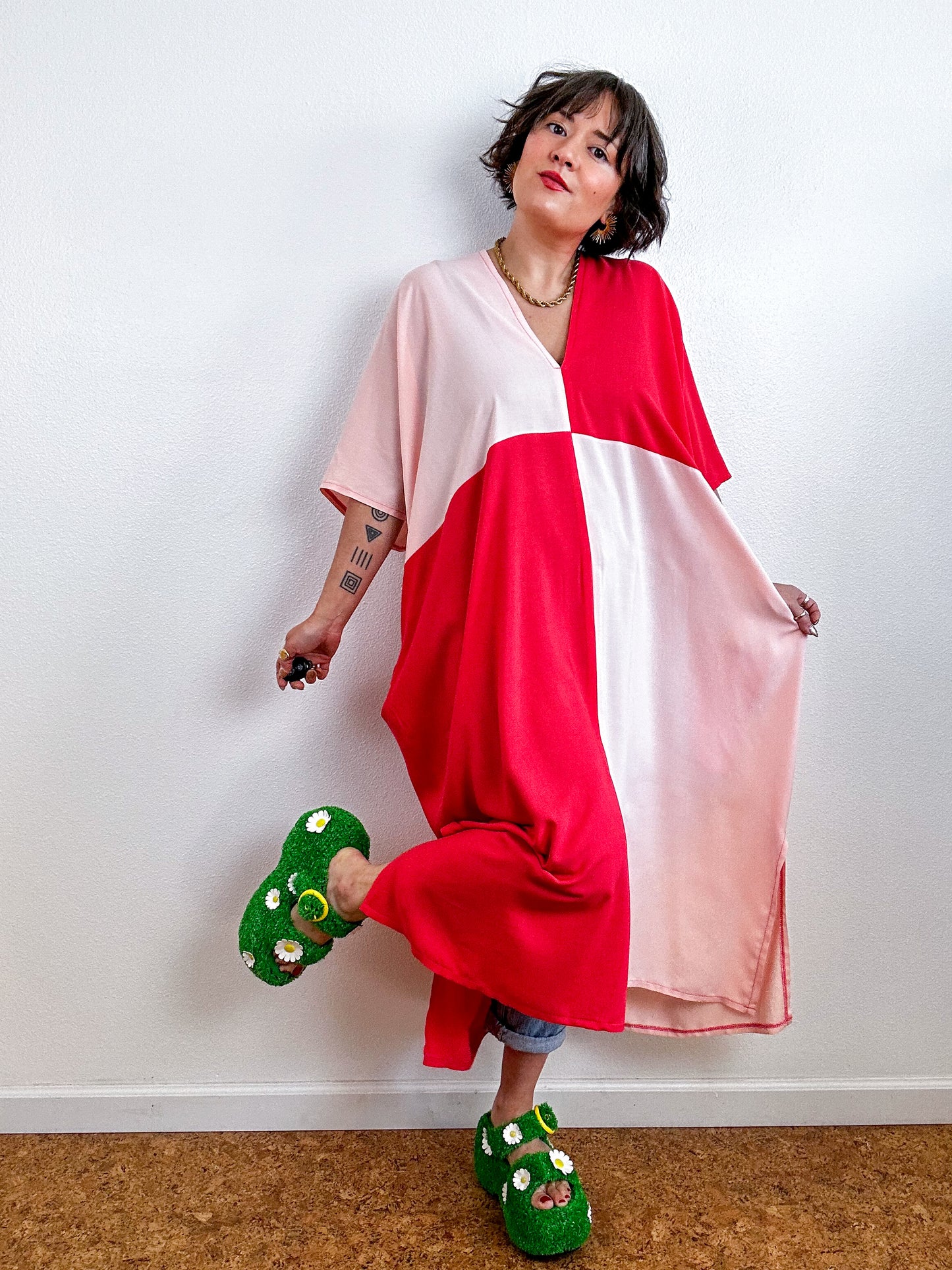 Color Block Midi Caftan Dress Scarlet Blush