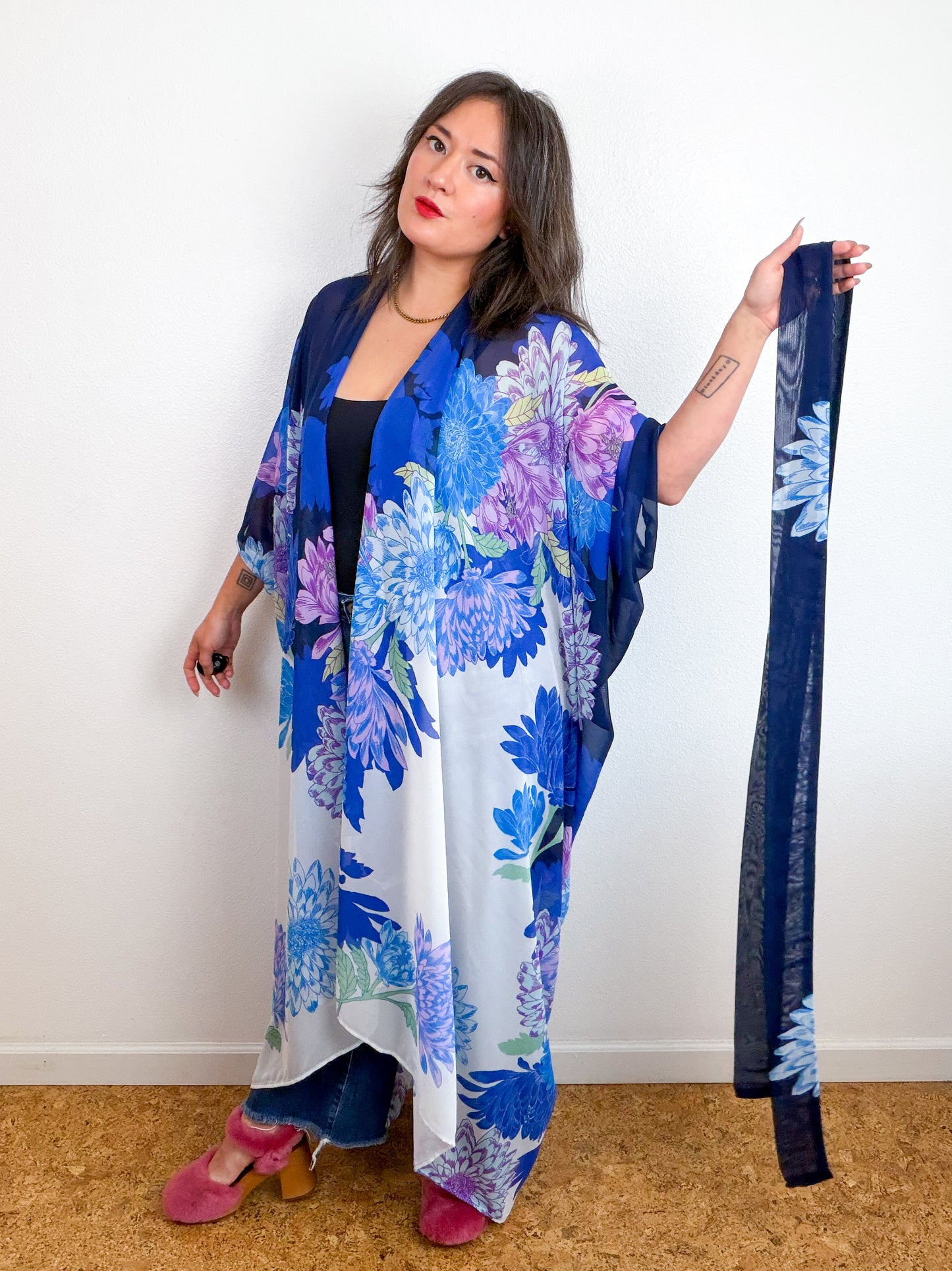Print High Low Kimono Navy Lavender Dhalia Chiffon