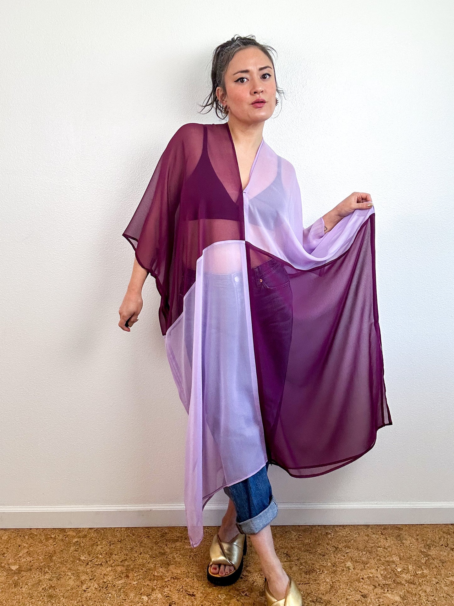 SILK Color Block Midi Caftan Dress Lavender Maroon