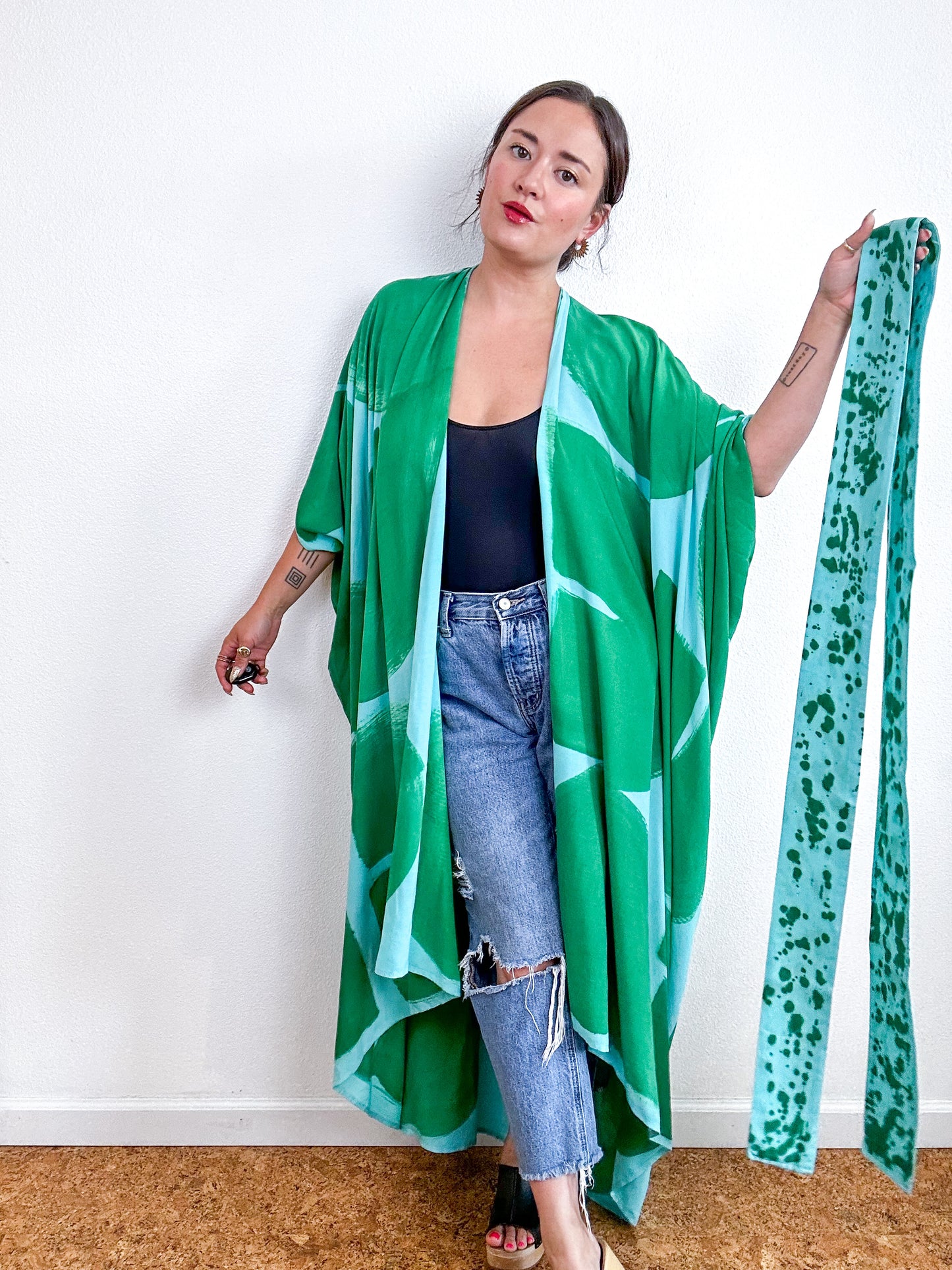 Hand-Dyed High Low Kimono Aqua Green Brushstroke