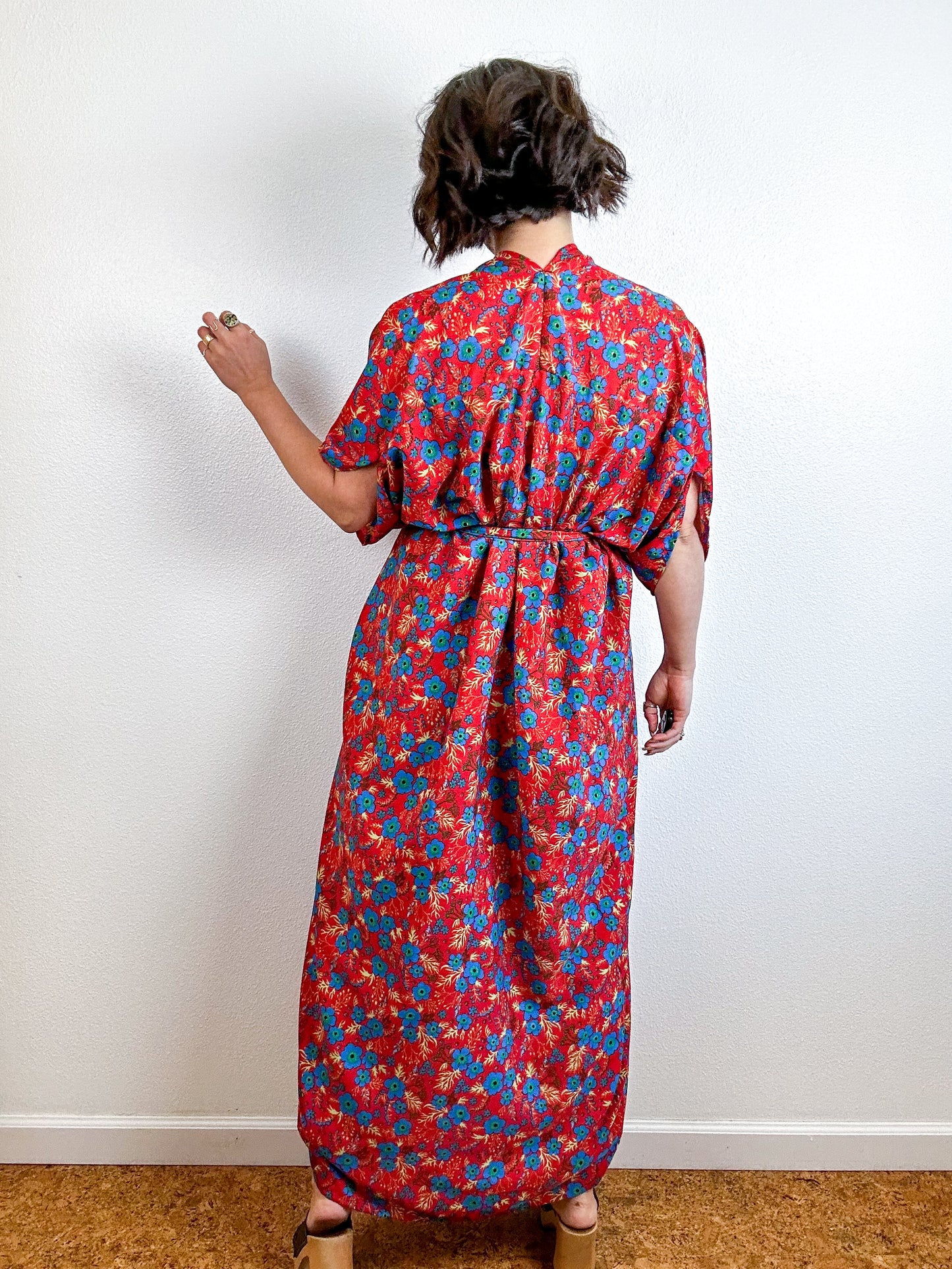 Print High Low Kimono Red Mini Floral Crepe de Chine