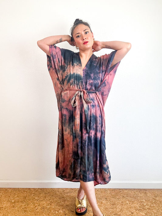 Hand-Dyed Bamboo Tie Caftan Terracotta Steel Watercolor