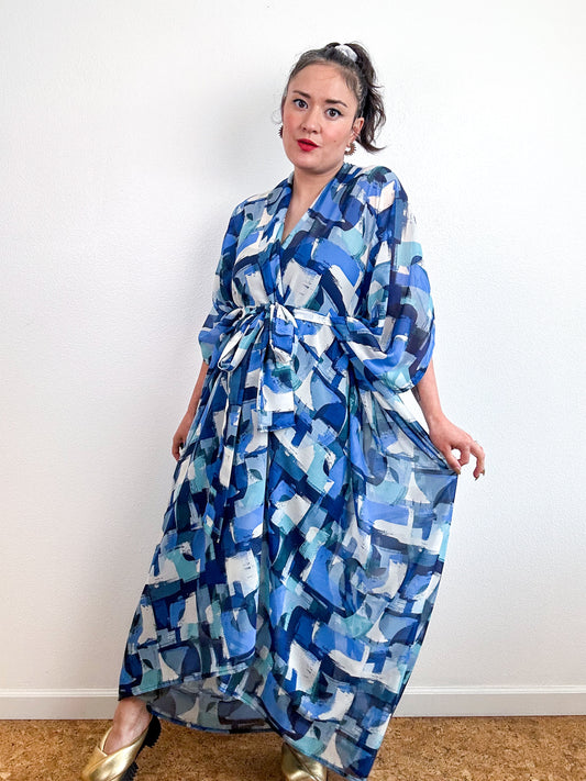 Print High Low Kimono Multi Blue Abstract Chiffon