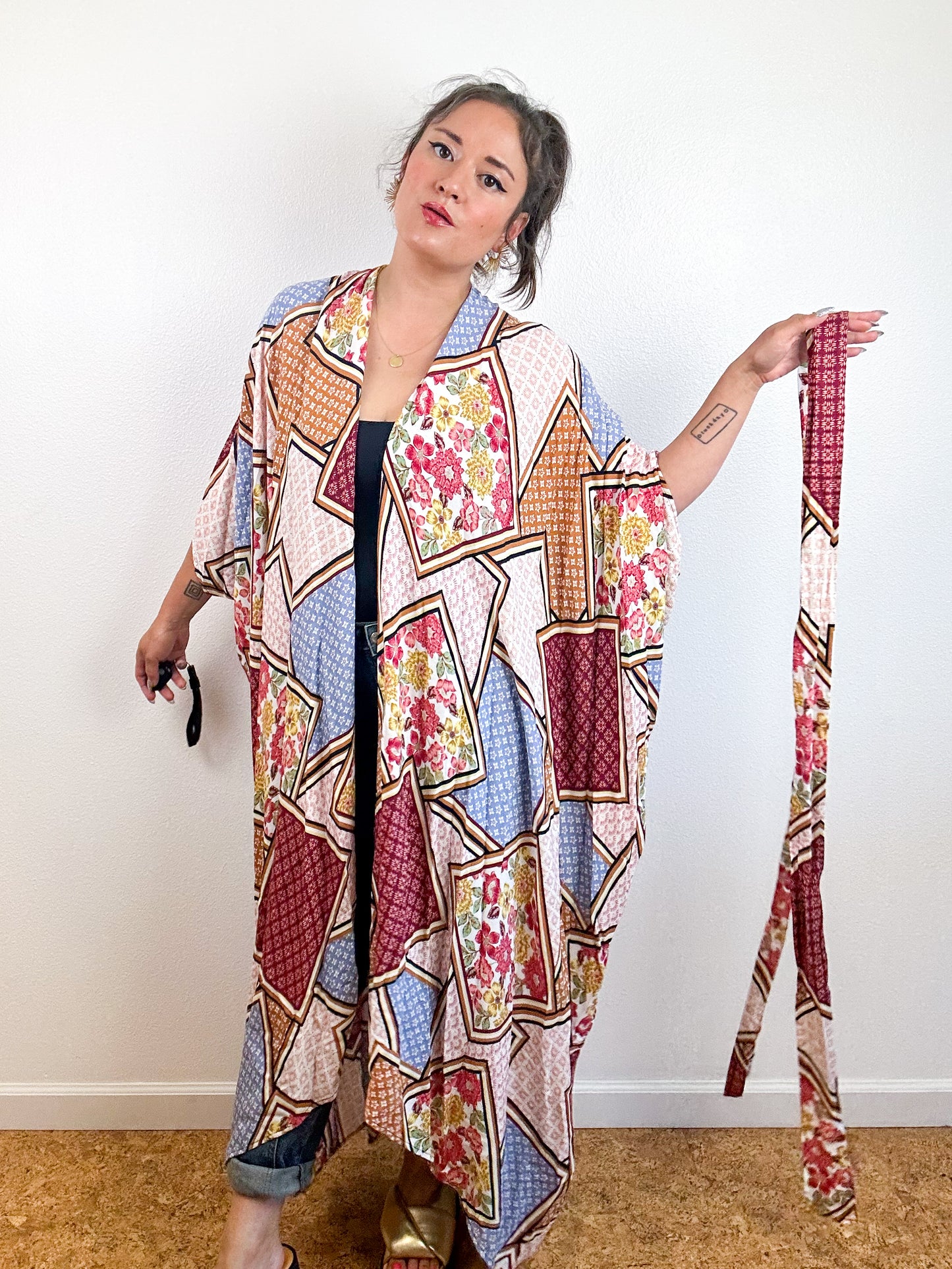 Print High Low Kimono Maroon Patchwork Crinkle Challis