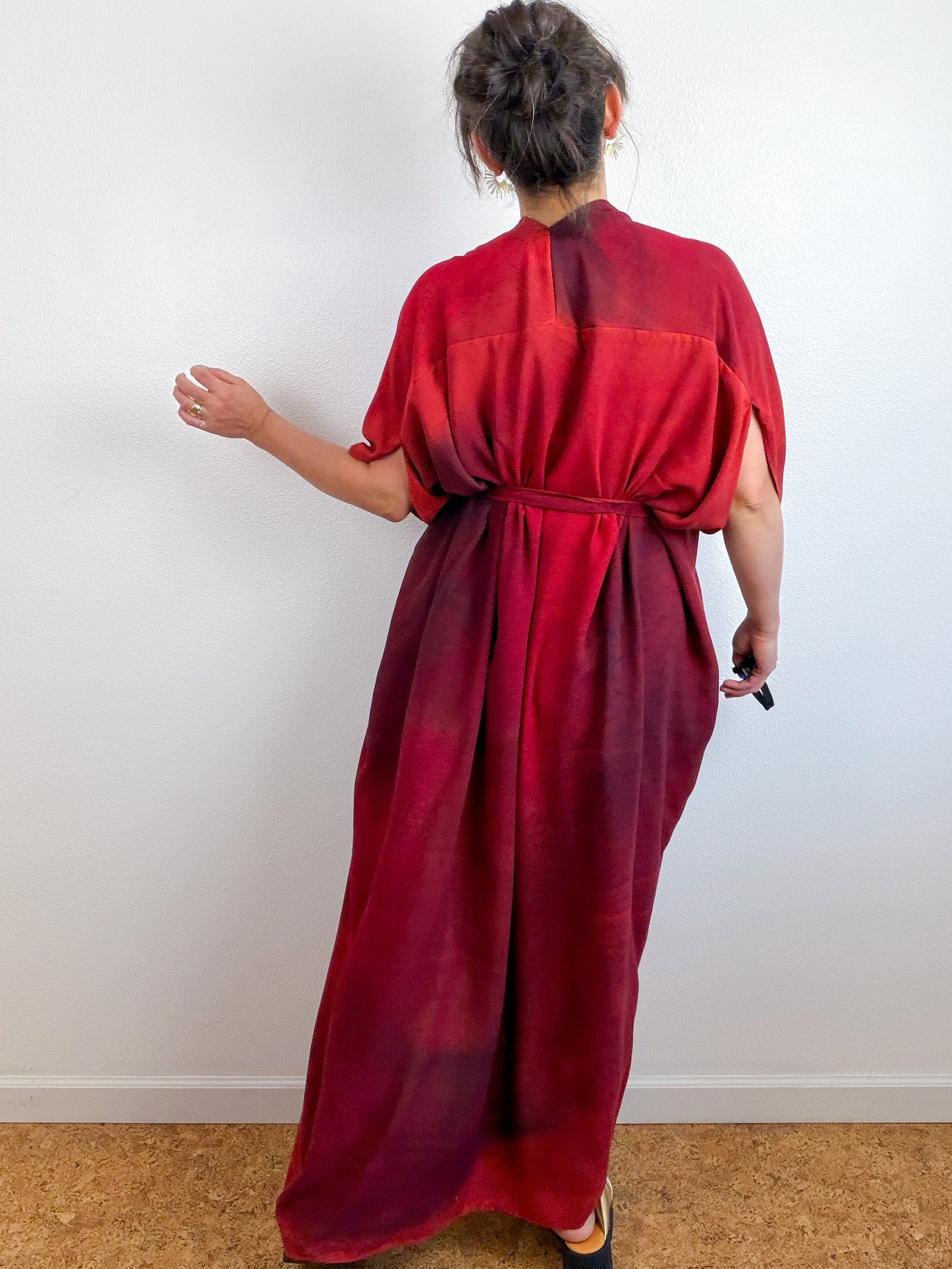 Hand-Dyed High Low Kimono Crimson Fuchsia Maroon Gradient