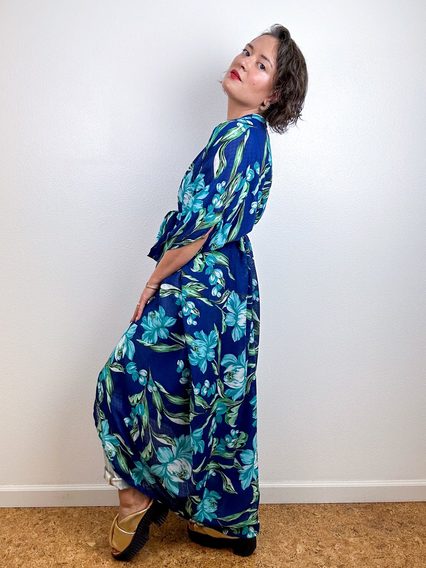 Print High Low Kimono Navy Aqua Floral Chiffon