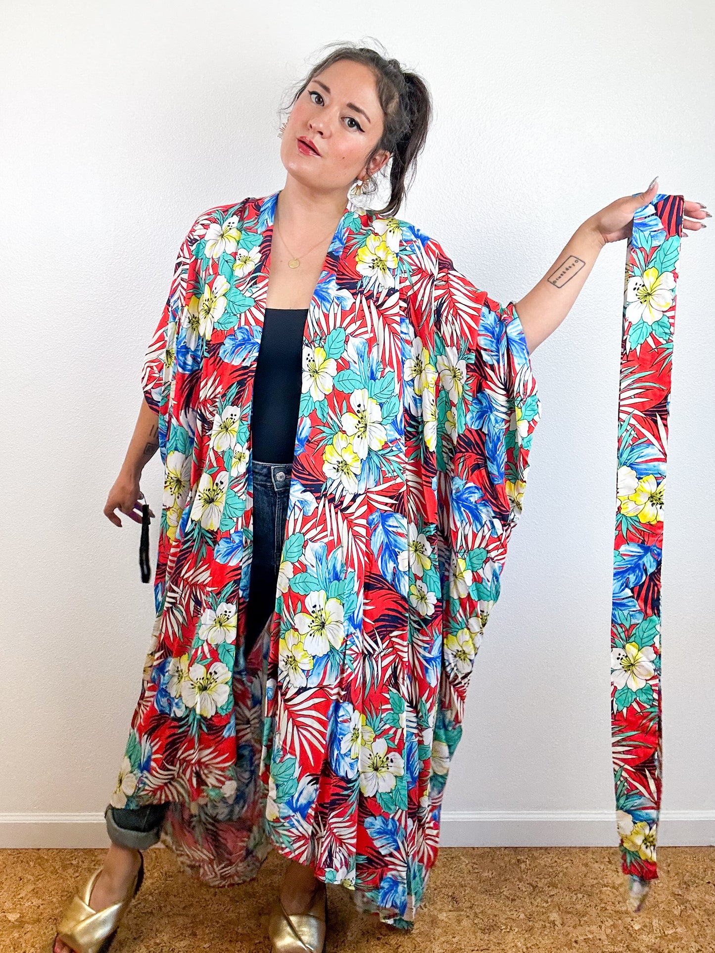 Print High Low Kimono Red Hibiscus Tropical Challis