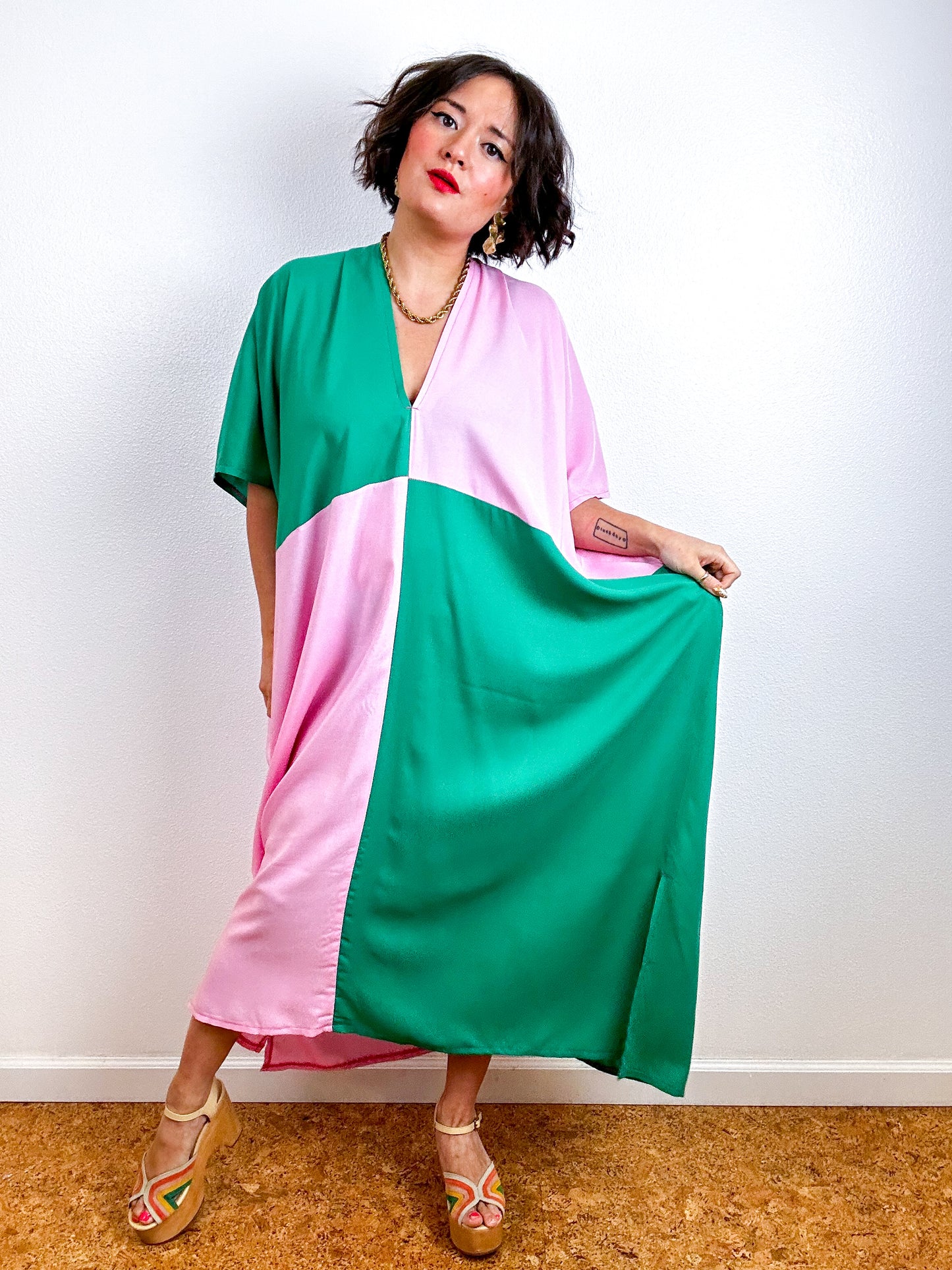Color Block Midi Caftan Dress Emerald Pink
