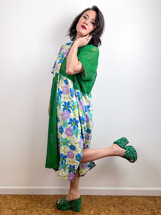 Color Block Midi Caftan Dress Green Lace Blue Floral