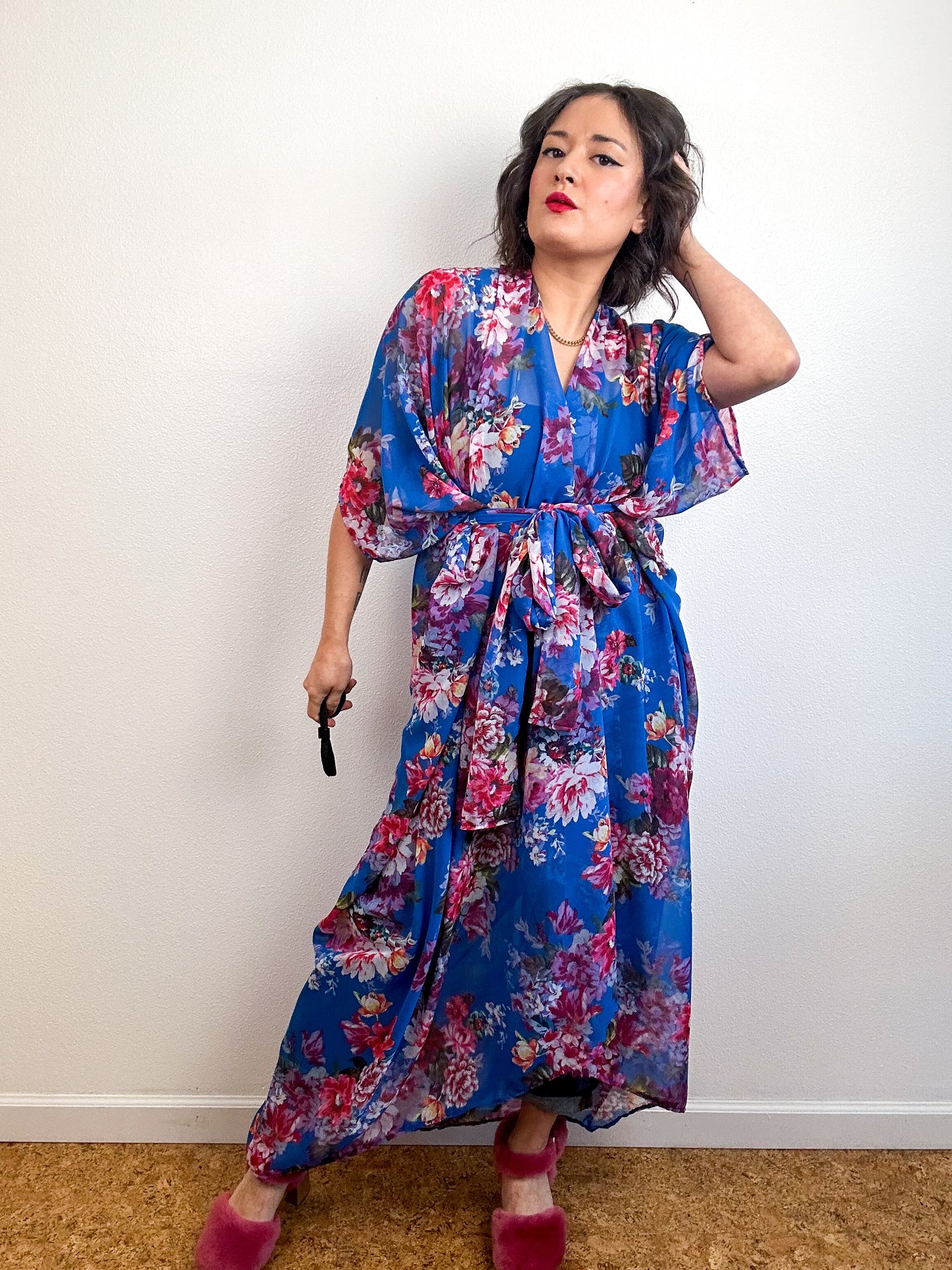 Print High Low Kimono Bright Blue Floral Chiffon