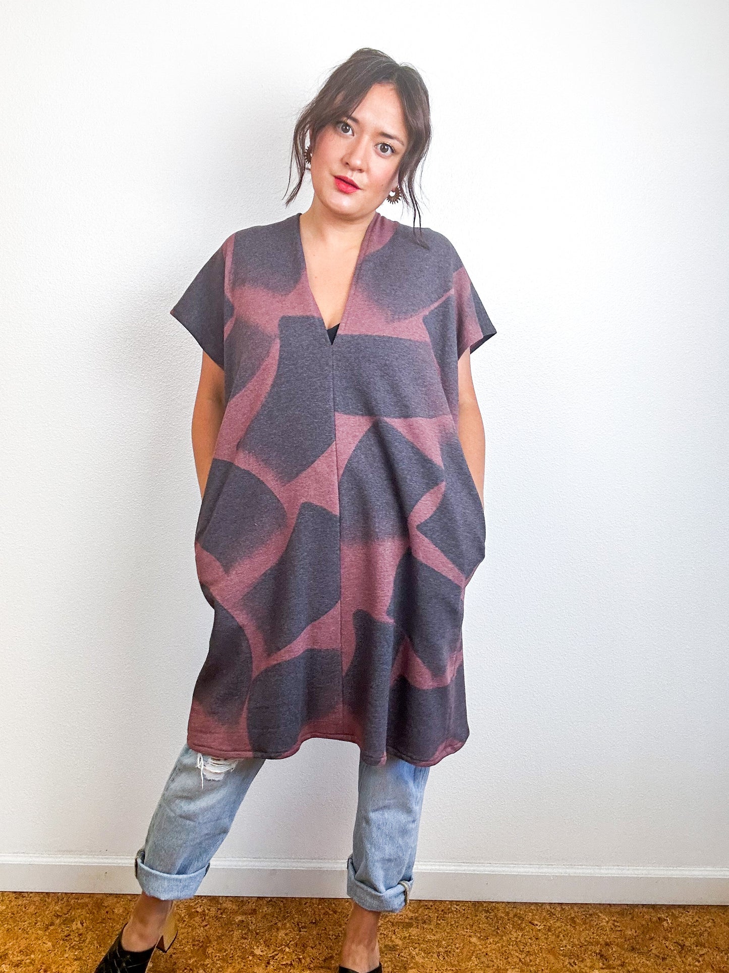Hand-Dyed Mini Sweatshirt Smock Dress Mauve Brushtrokes